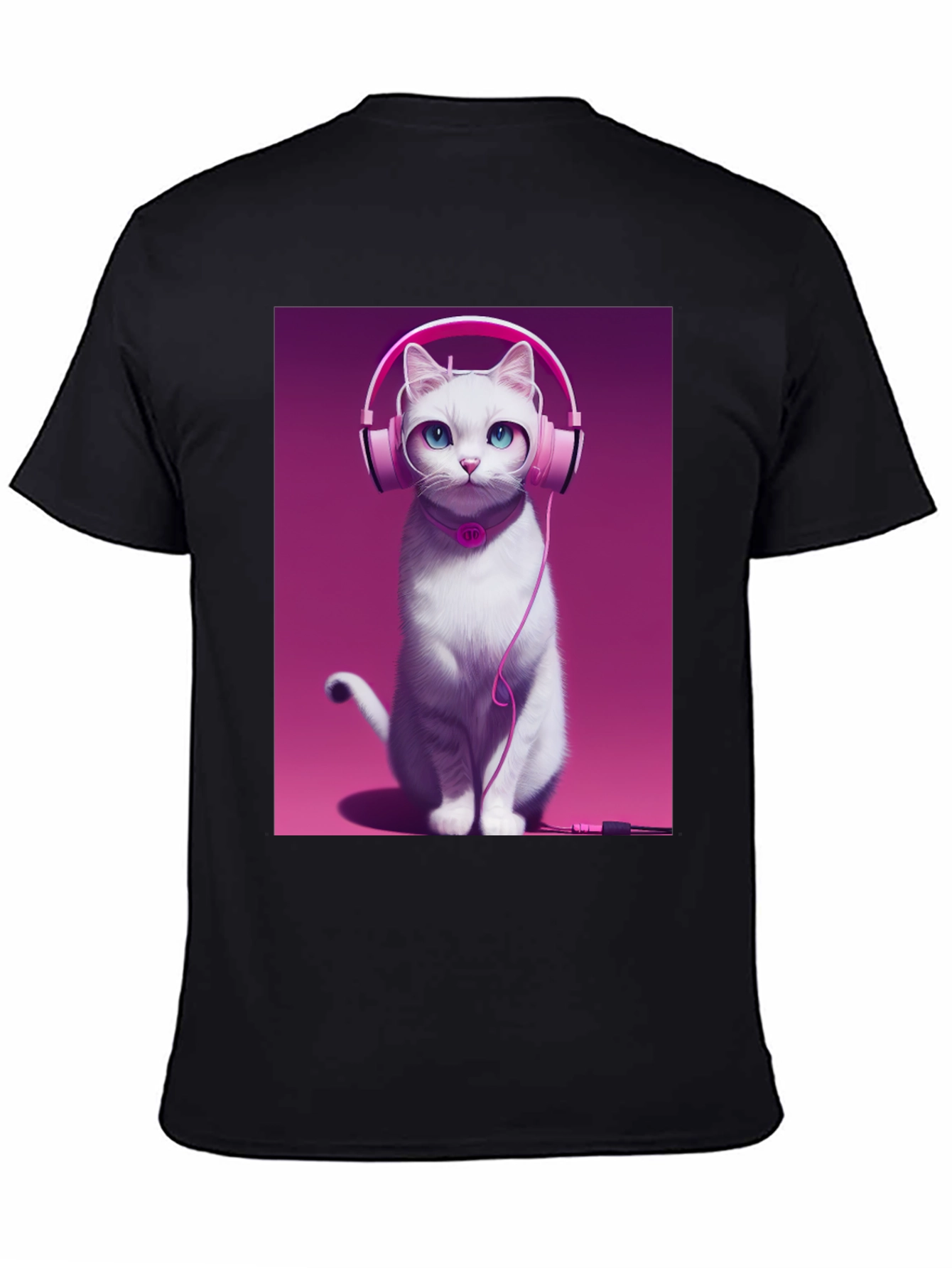 Cat with Headphones Graphic Tee - Black Cotton Shirt