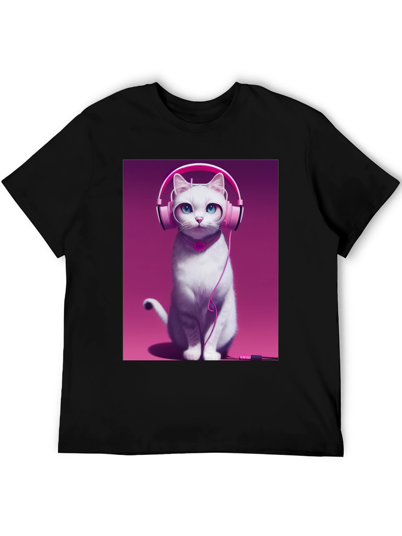 Cat with Headphones Graphic Tee - Black Cotton Shirt