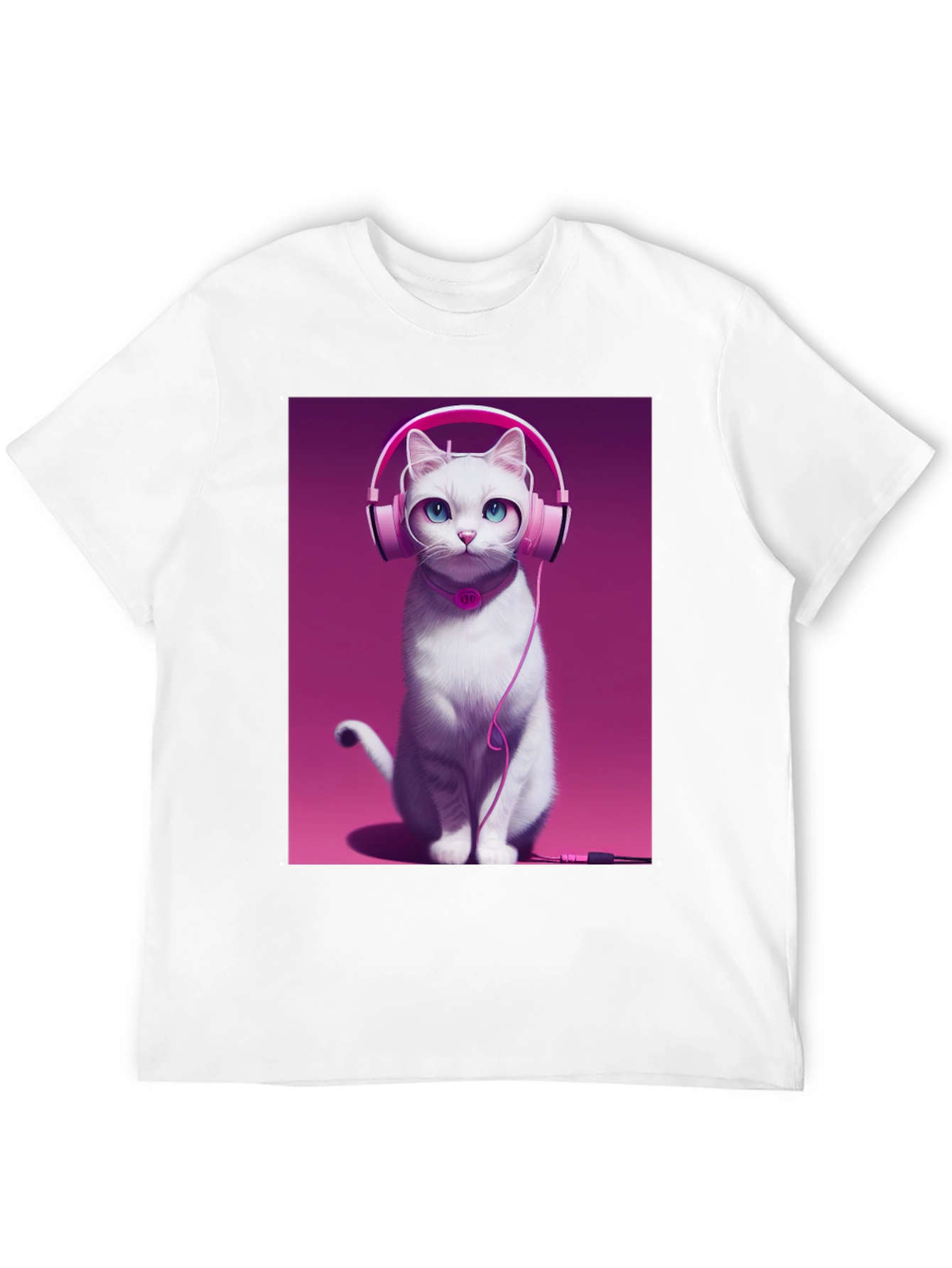 Cat with Headphones Graphic Tee - Black Cotton Shirt