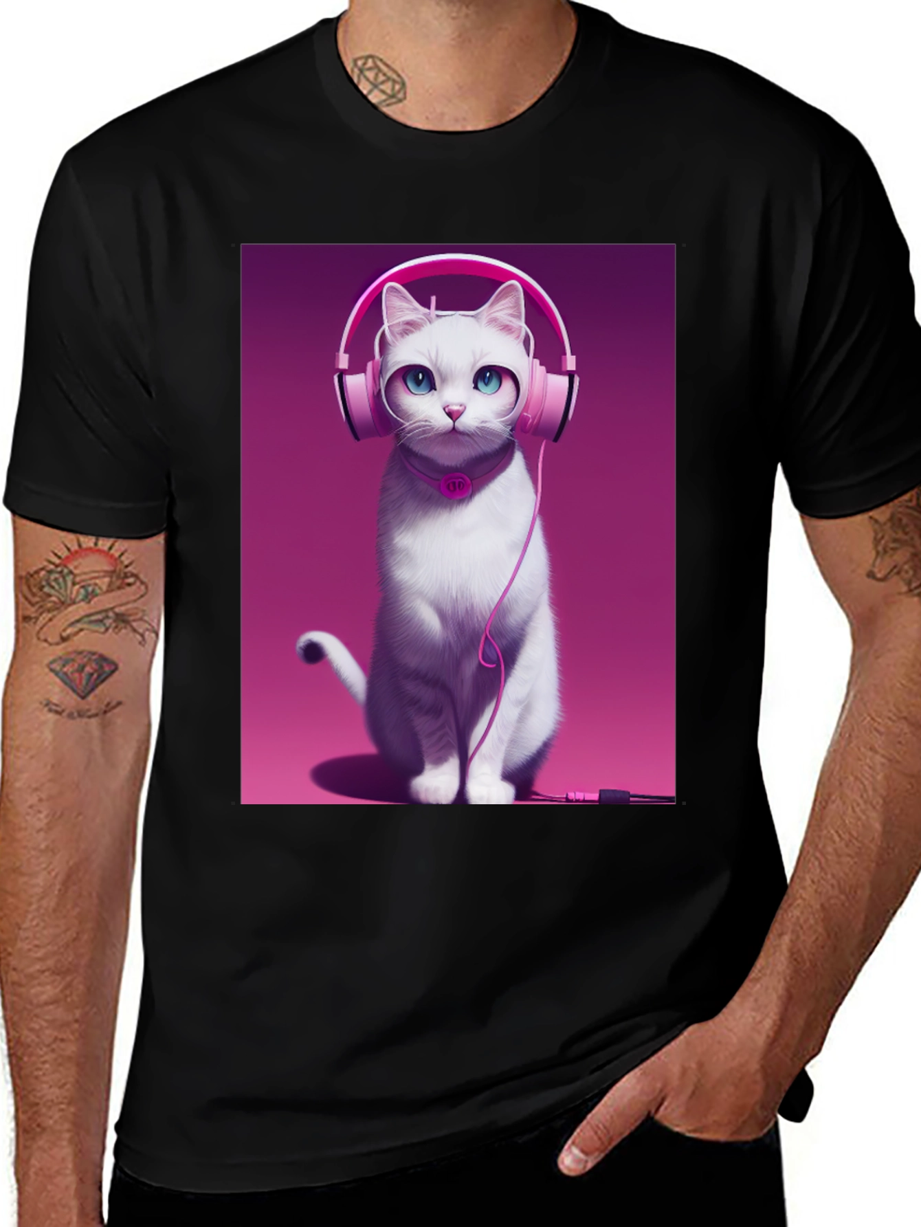 Cat with Headphones Graphic Tee - Black Cotton Shirt