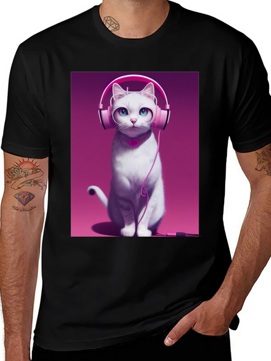 Cat with Headphones Graphic Tee - Black Cotton Shirt