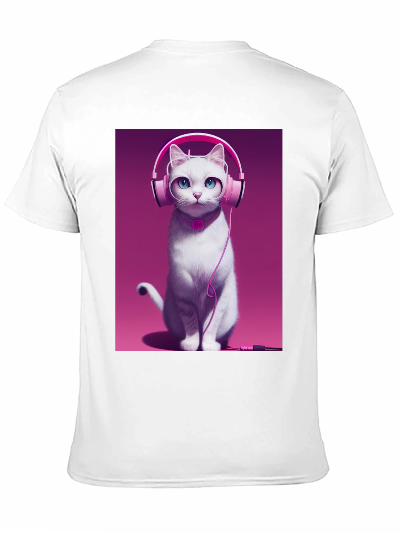 Cat with Headphones Graphic Tee - Black Cotton Shirt