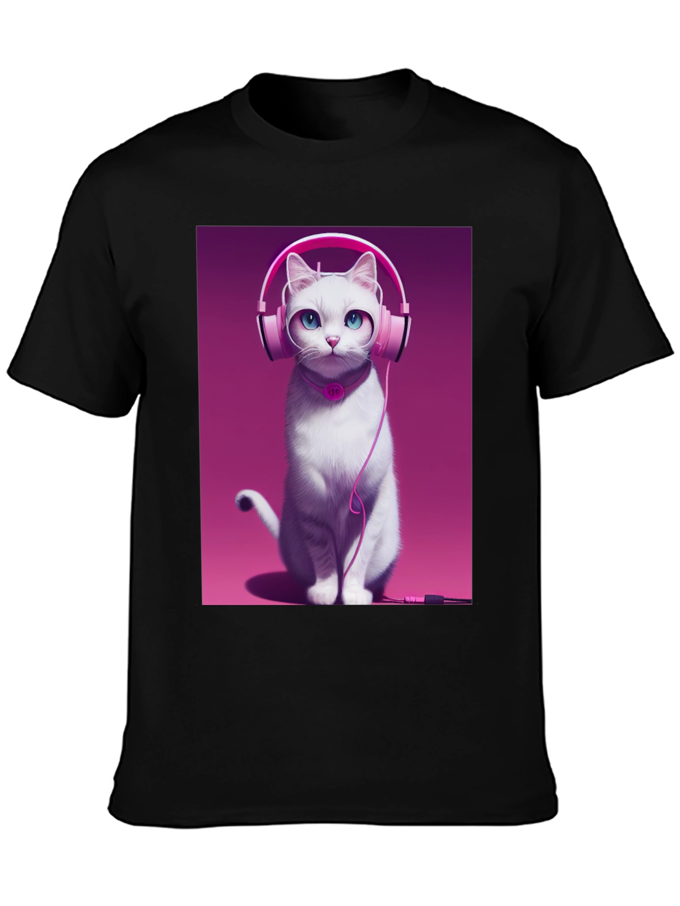 Cat with Headphones Graphic Tee - Black Cotton Shirt