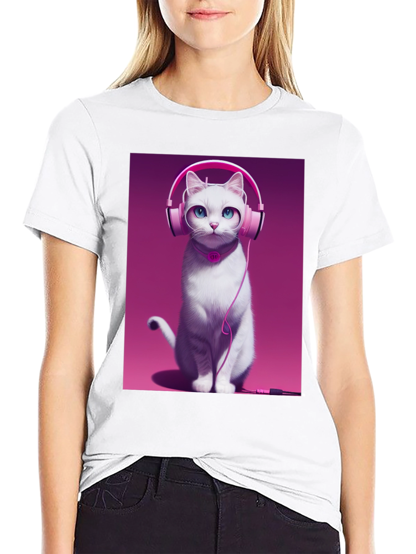 Cat with Headphones Graphic Tee - Black Cotton Shirt