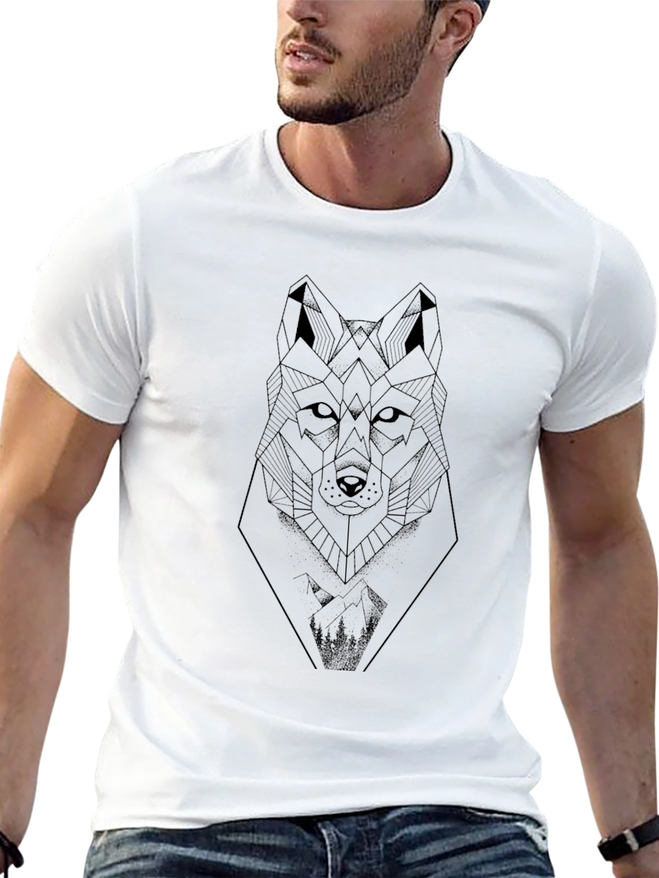 Geometric Wolf Graphic Tee - Modern Art Design