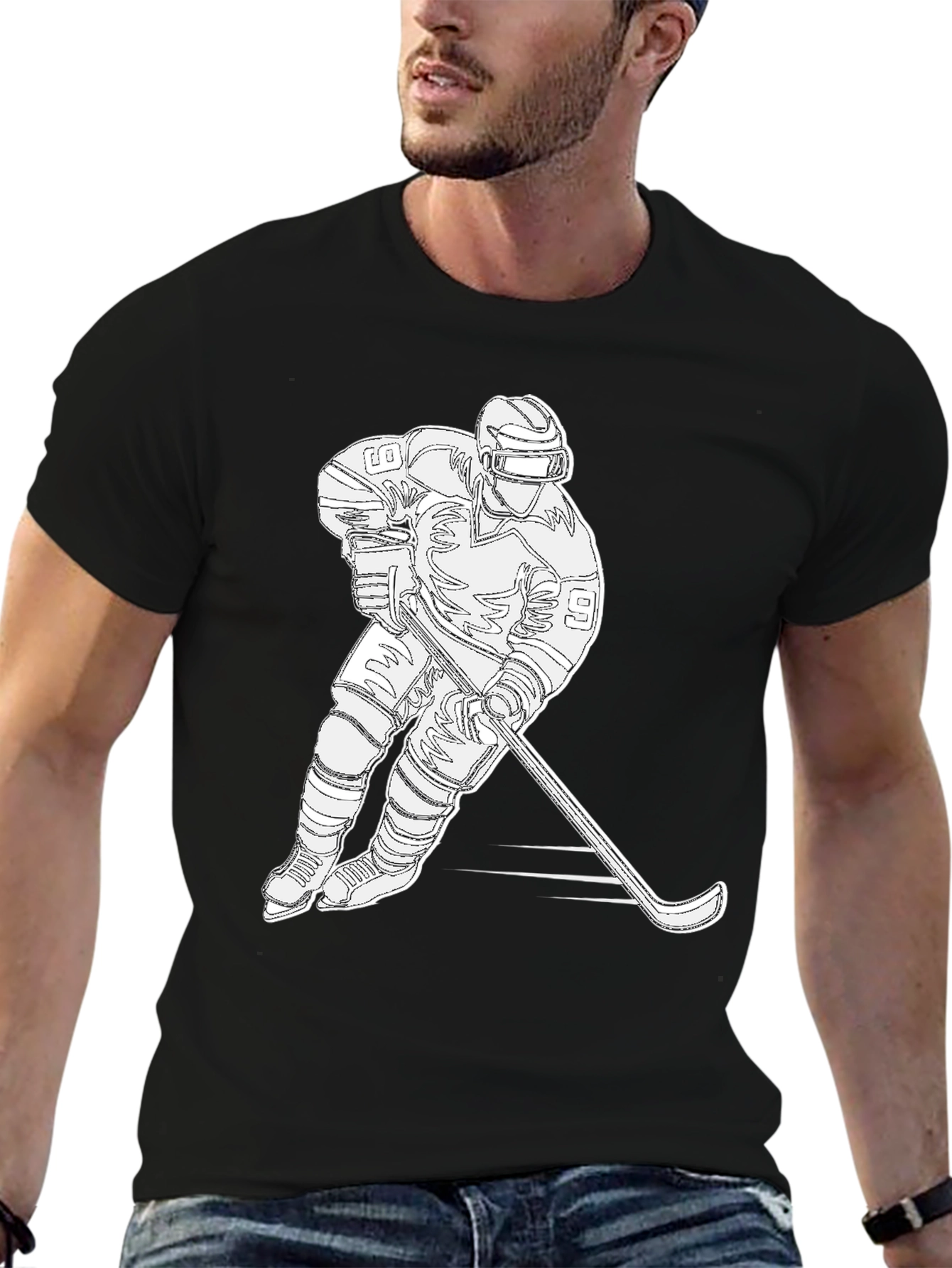 Hockey Player Graphic T-Shirt - Black