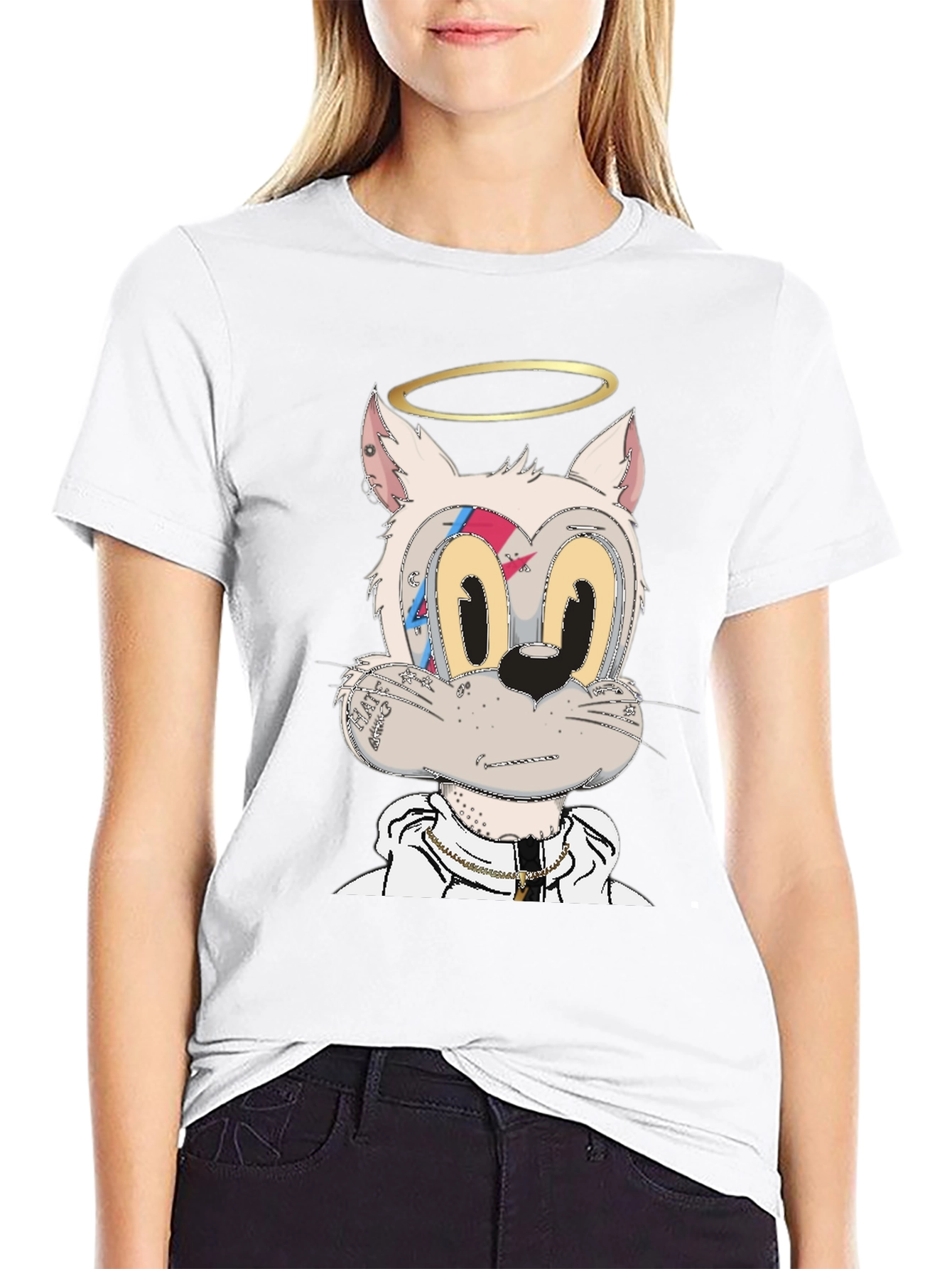 Cartoon Cat Graphic T-Shirt - Black
