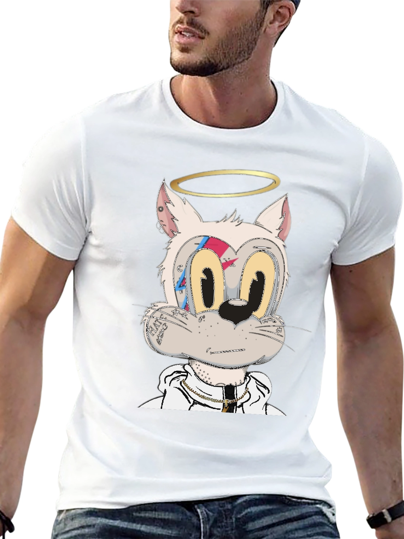 Cartoon Cat Graphic T-Shirt - Black