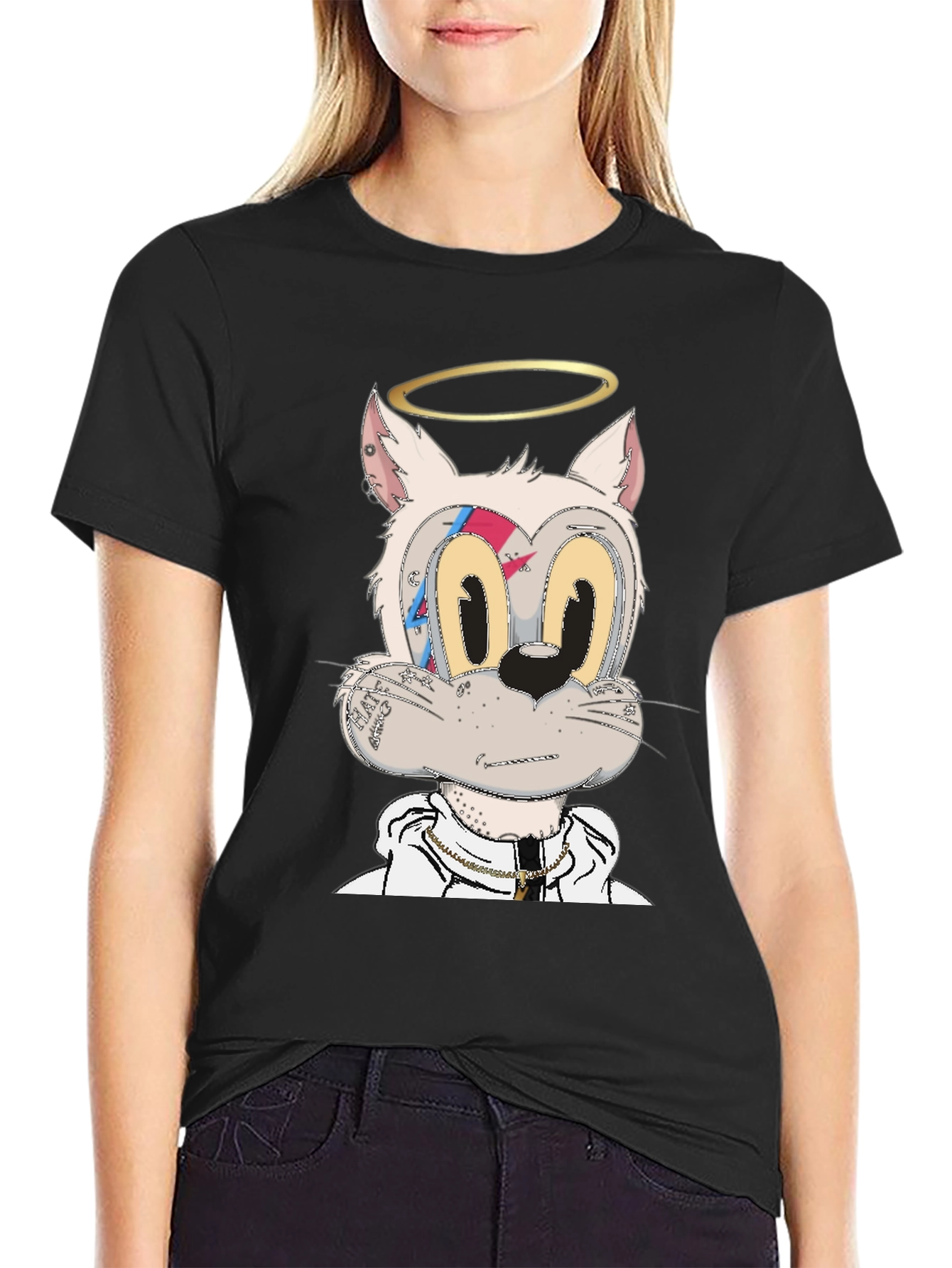 Cartoon Cat Graphic T-Shirt - Black