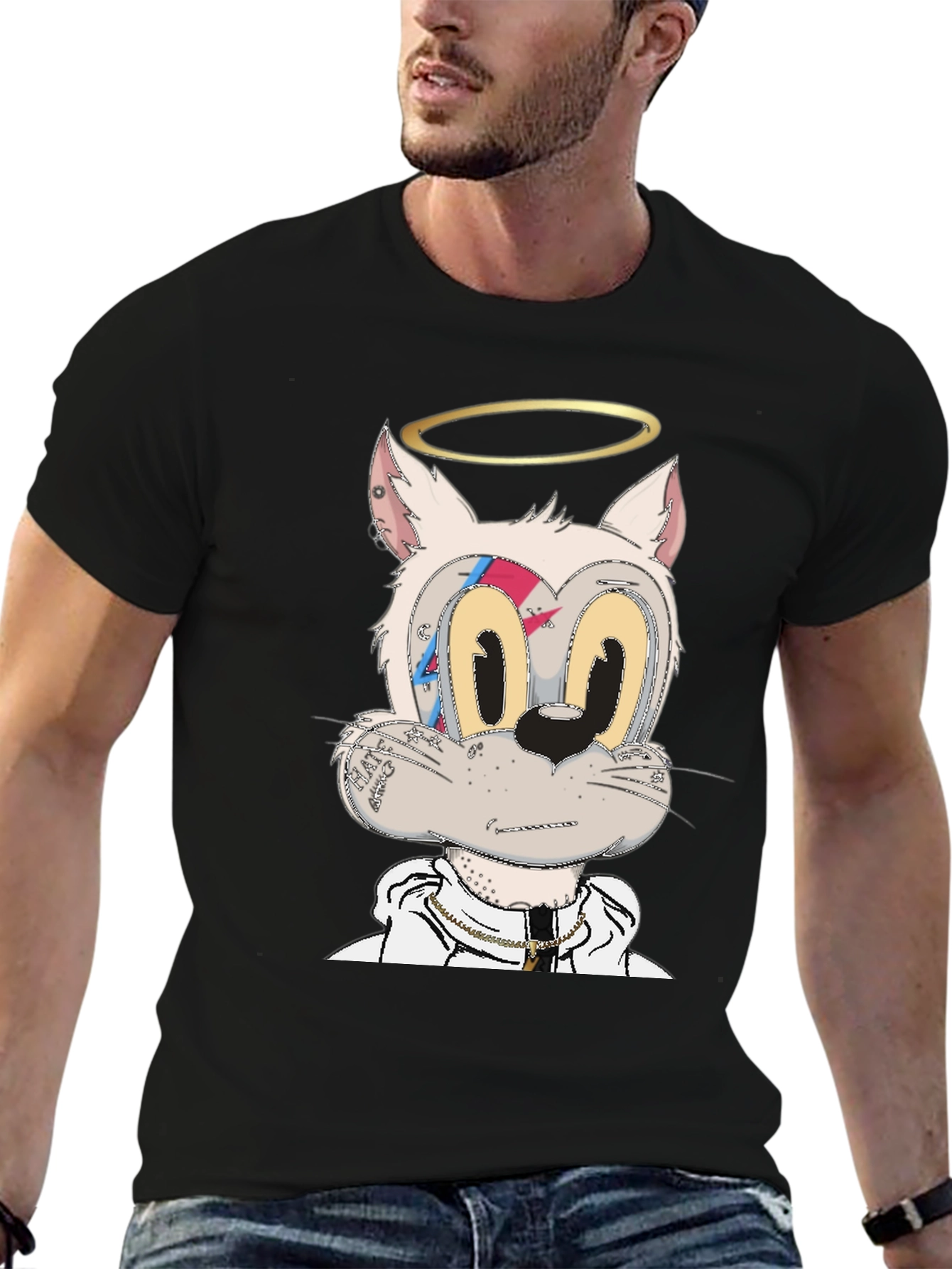 Cartoon Cat Graphic T-Shirt - Black