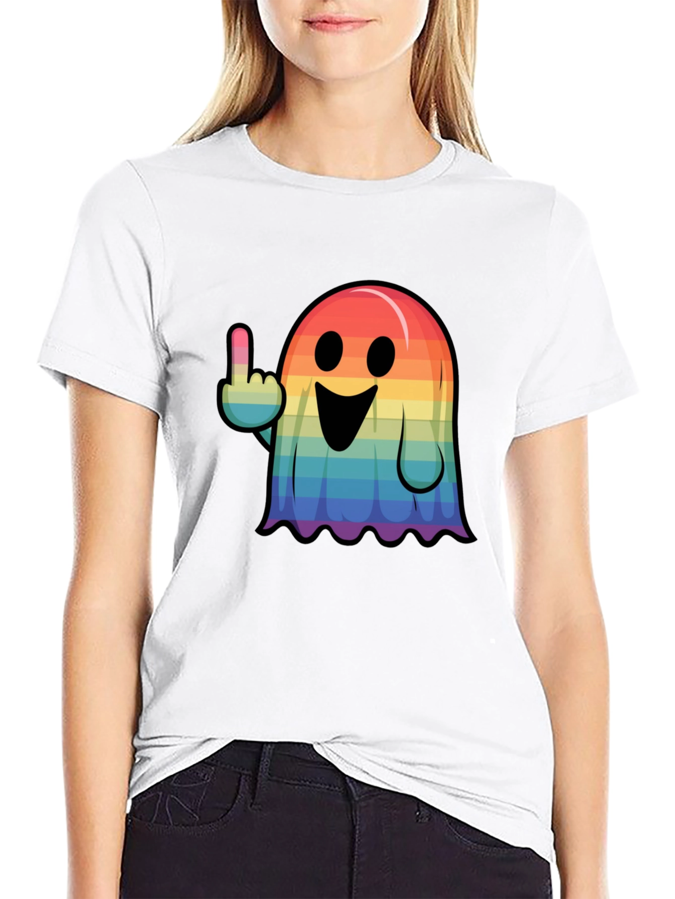 Rainbow Ghost Flipping The Bird Graphic Tee