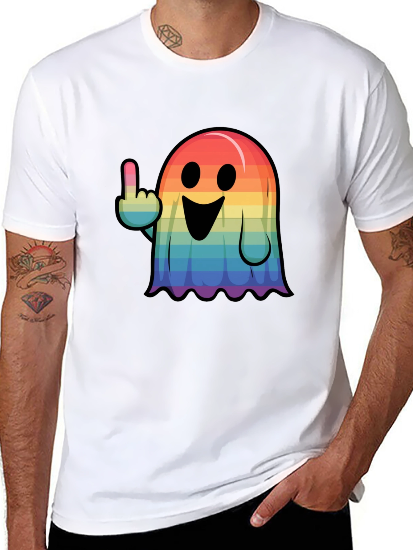 Rainbow Ghost Flipping The Bird Graphic Tee