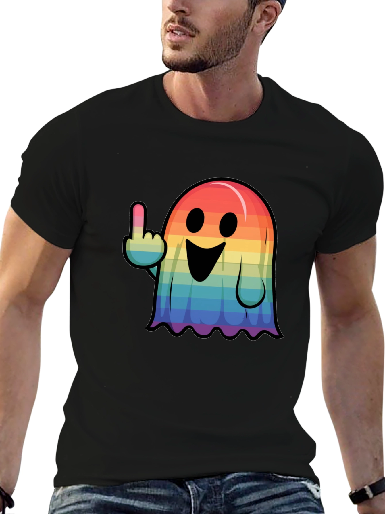 Rainbow Ghost Flipping The Bird Graphic Tee