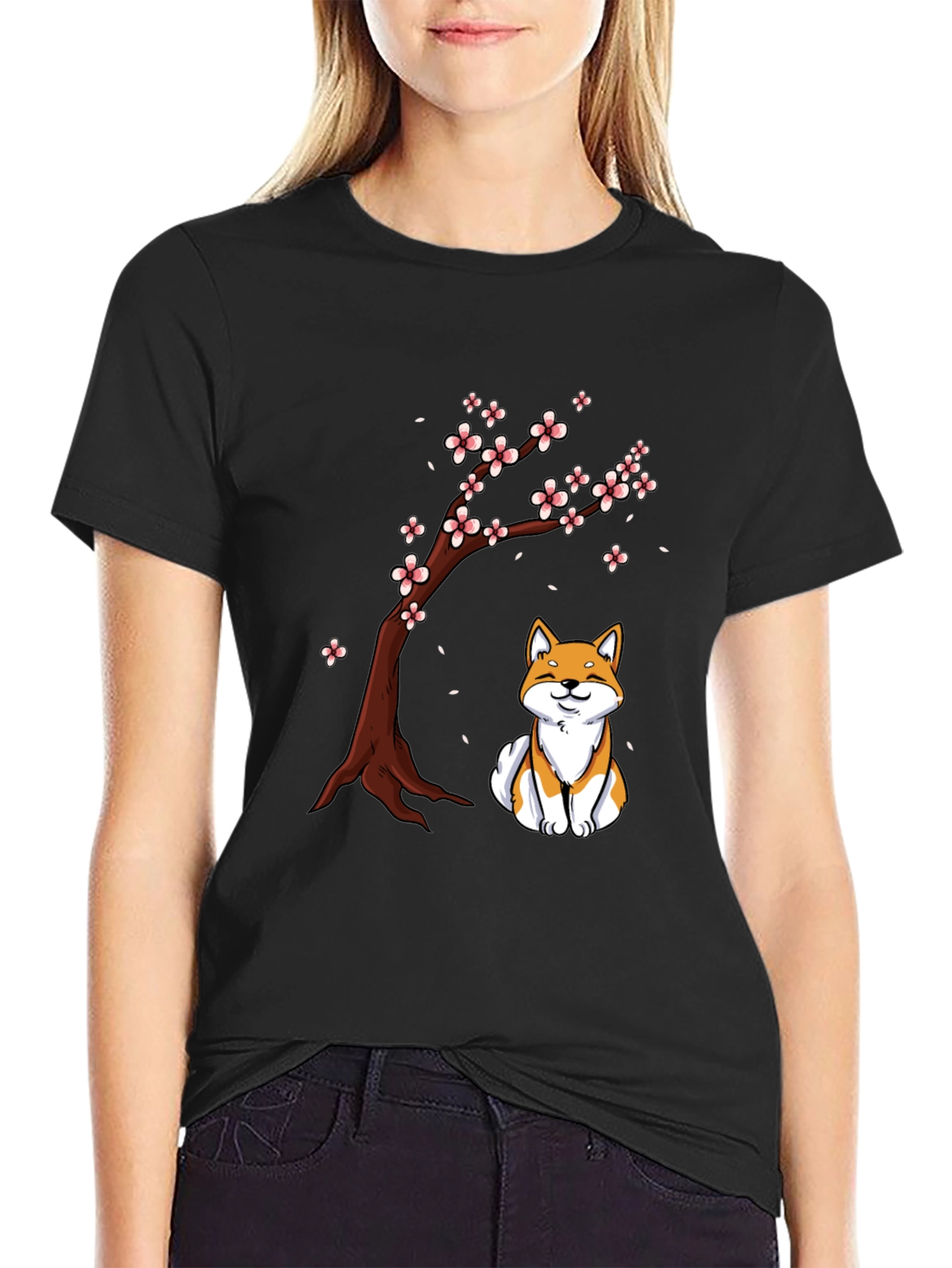 Shiba Inu Under Sakura Tree Graphic T-Shirt