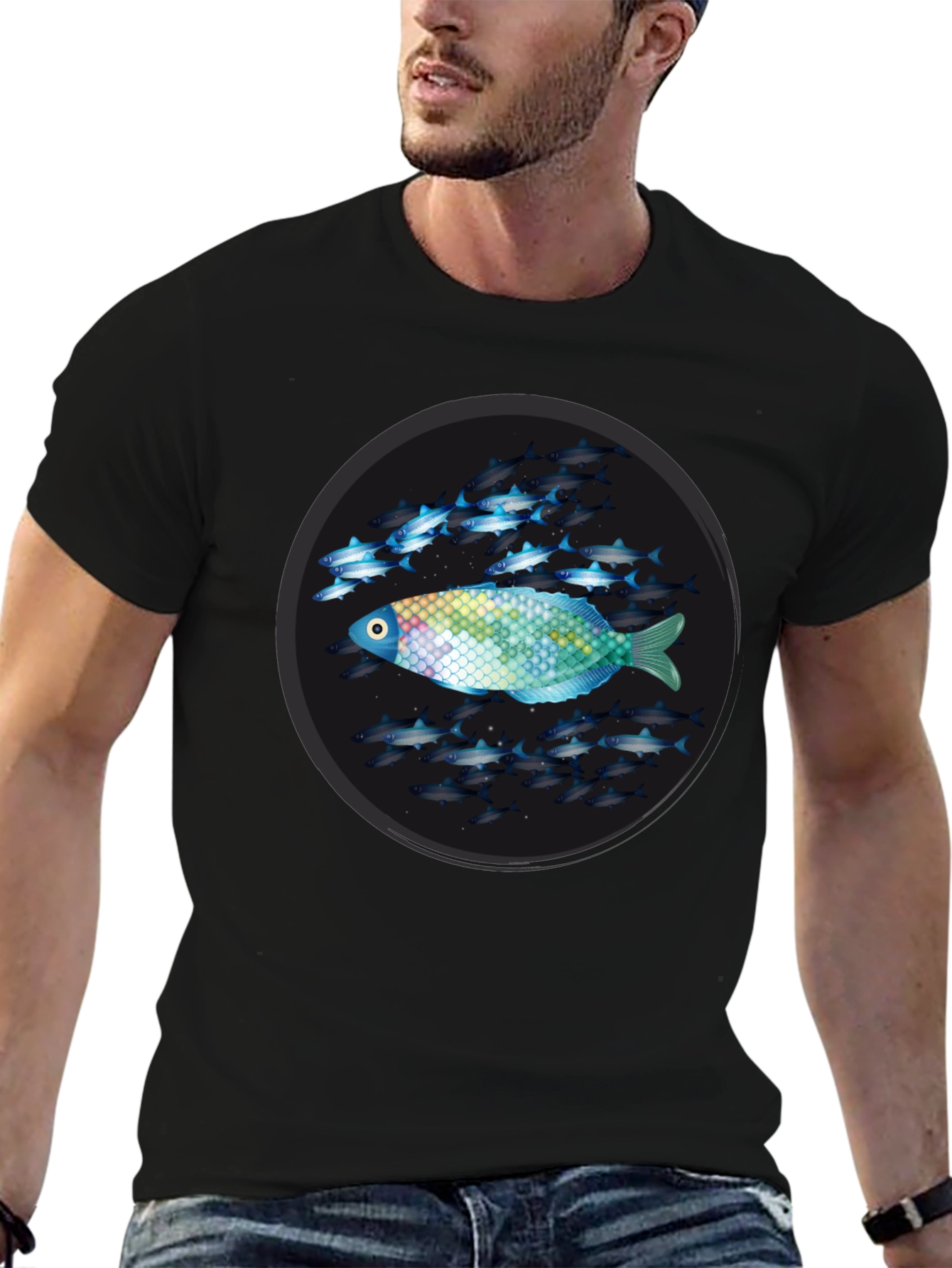 Unique Fish Design Black T-Shirt