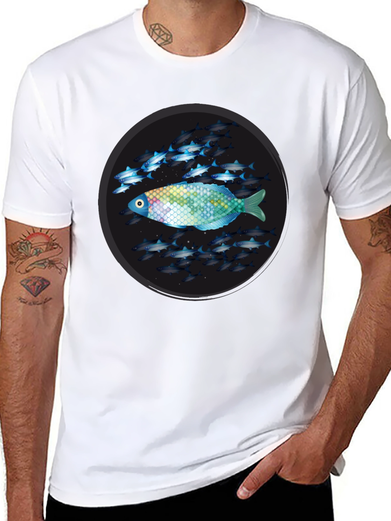Unique Fish Design Black T-Shirt