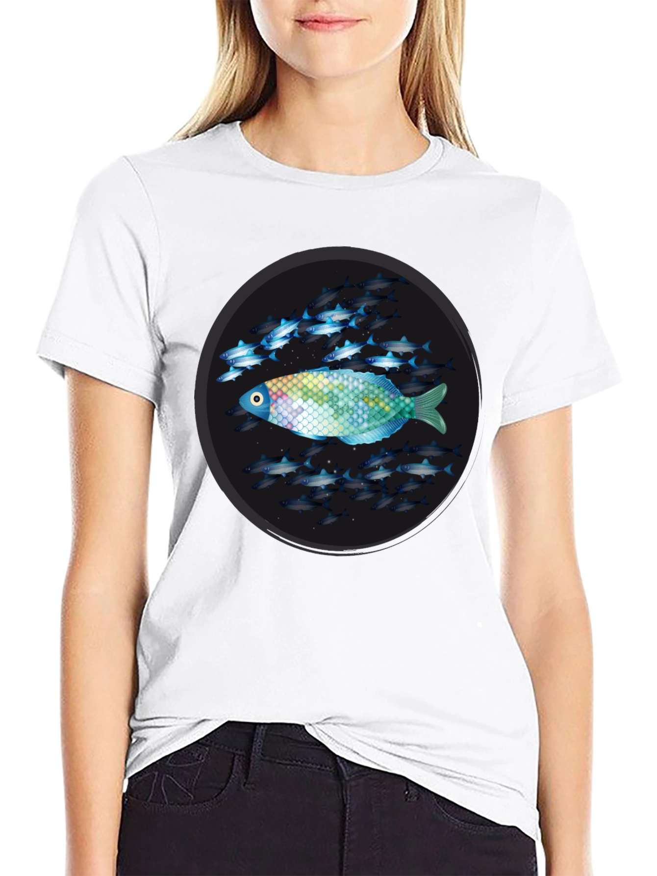 Unique Fish Design Black T-Shirt
