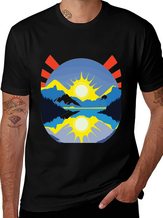 Mountain Lake Sunrise Graphic Tee - Black Cotton Blend