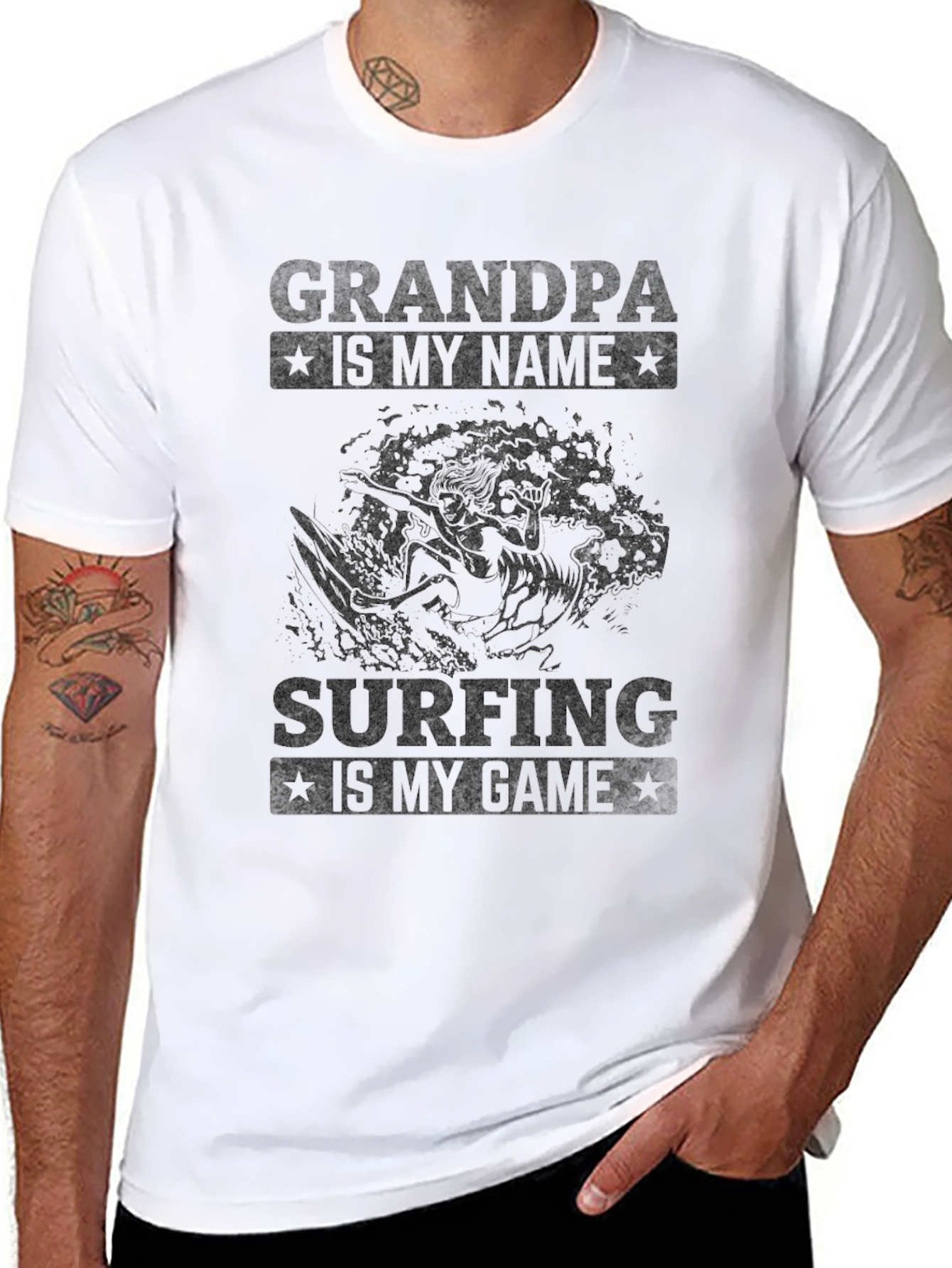 Grandpa Surfing T-Shirt - Black Cotton Tee