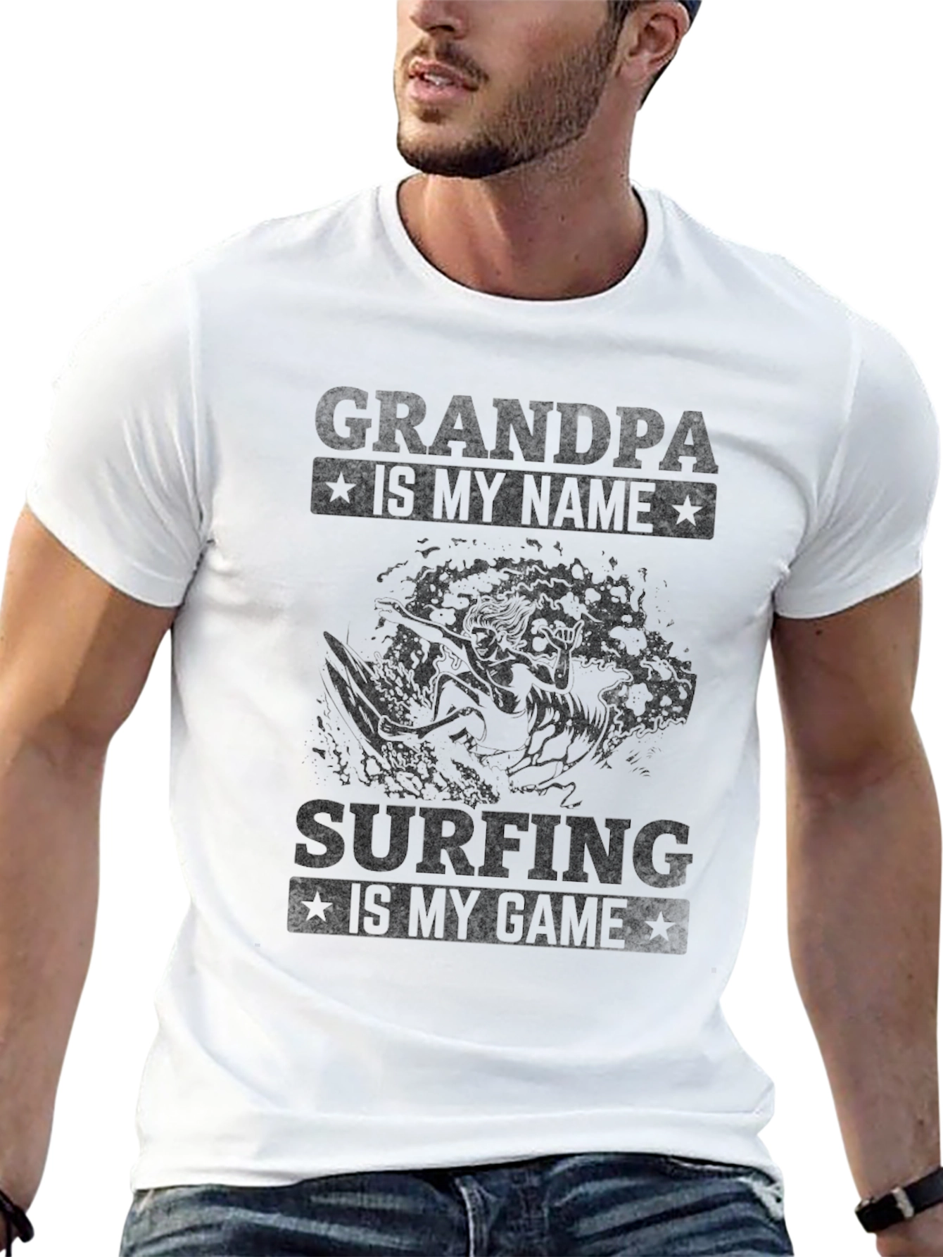 Grandpa Surfing T-Shirt - Black Cotton Tee