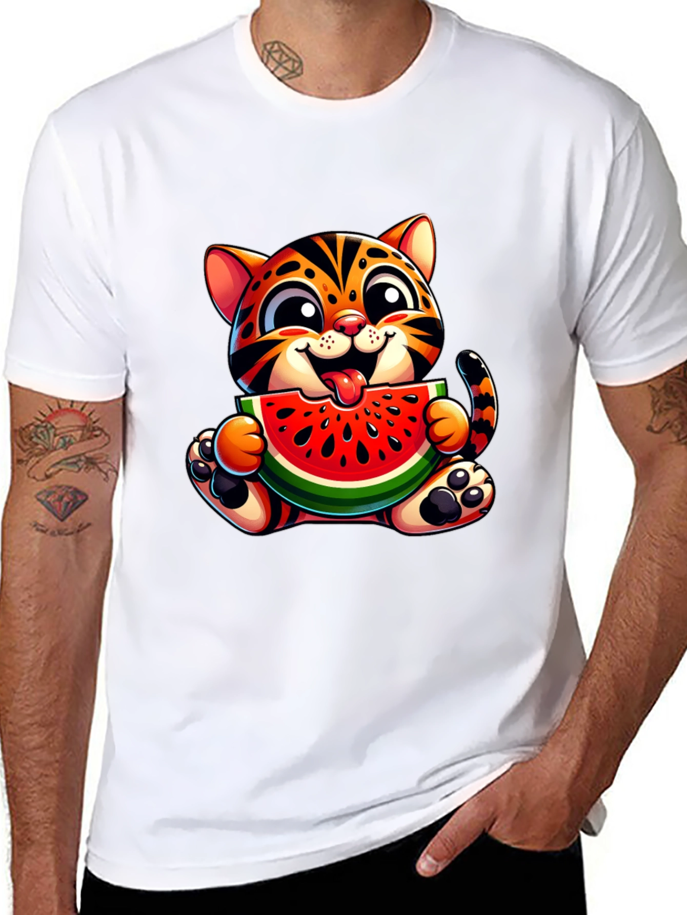 Cute Kitten Eating Watermelon Graphic T-Shirt