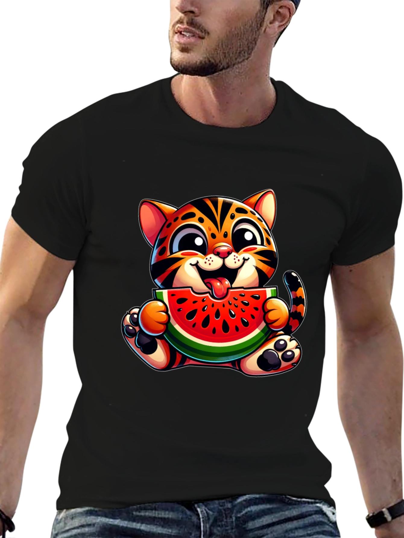 Cute Kitten Eating Watermelon Graphic T-Shirt