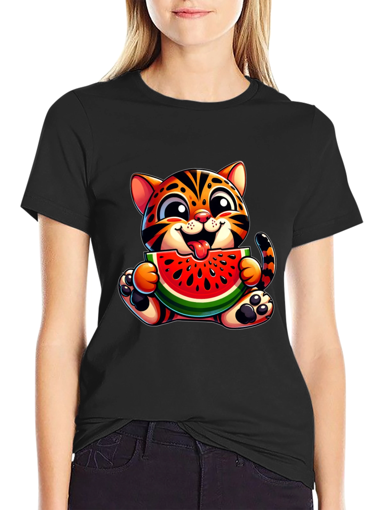 Cute Kitten Eating Watermelon Graphic T-Shirt