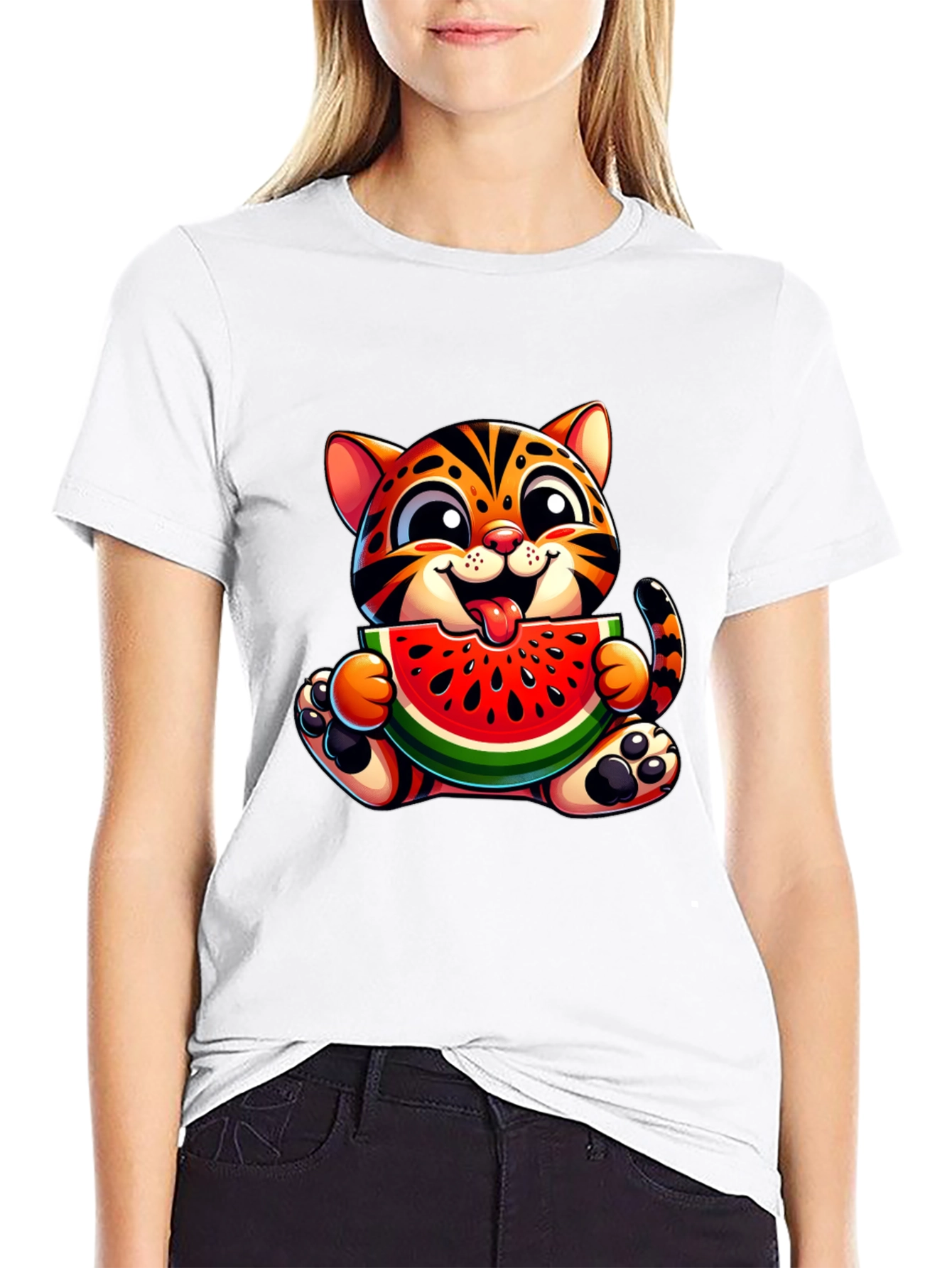 Cute Kitten Eating Watermelon Graphic T-Shirt