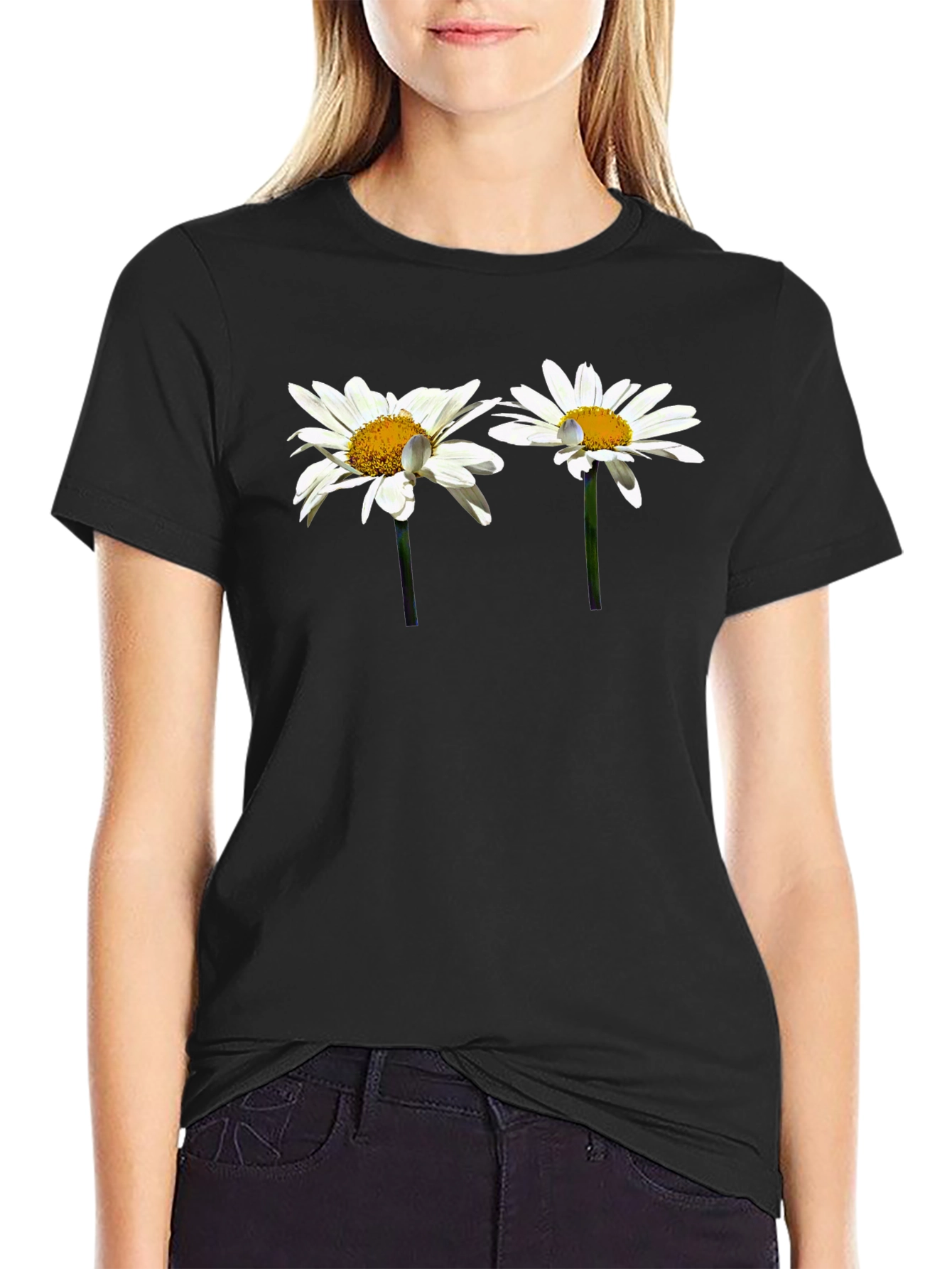Daisy Flower Graphic Black T-Shirt