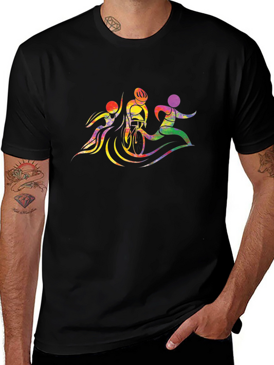 Triathlon Black T-Shirt: Swim Bike Run Colorful Graphic