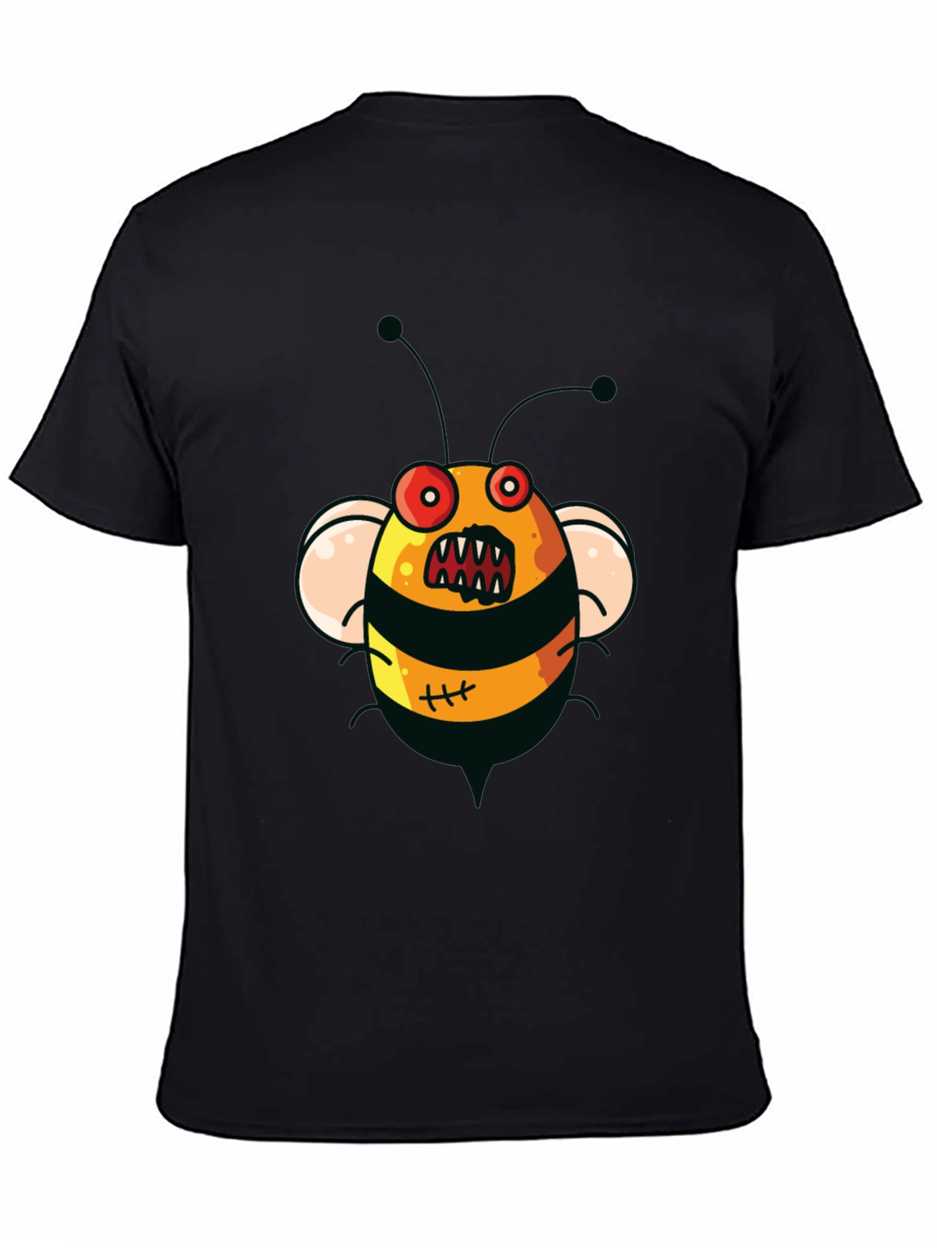 Mens Black T-Shirt with Cartoon Angry Bee Print