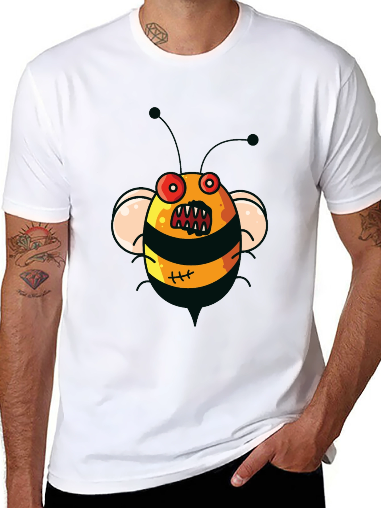 Mens Black T-Shirt with Cartoon Angry Bee Print