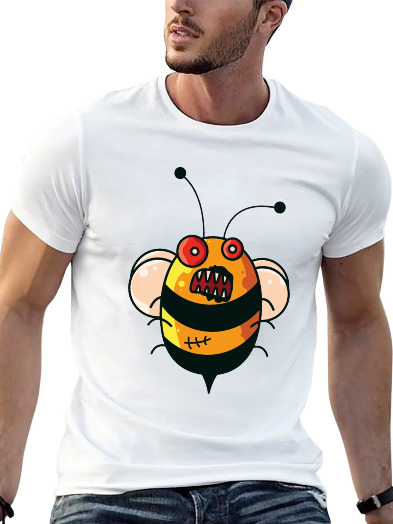 Mens Black T-Shirt with Cartoon Angry Bee Print
