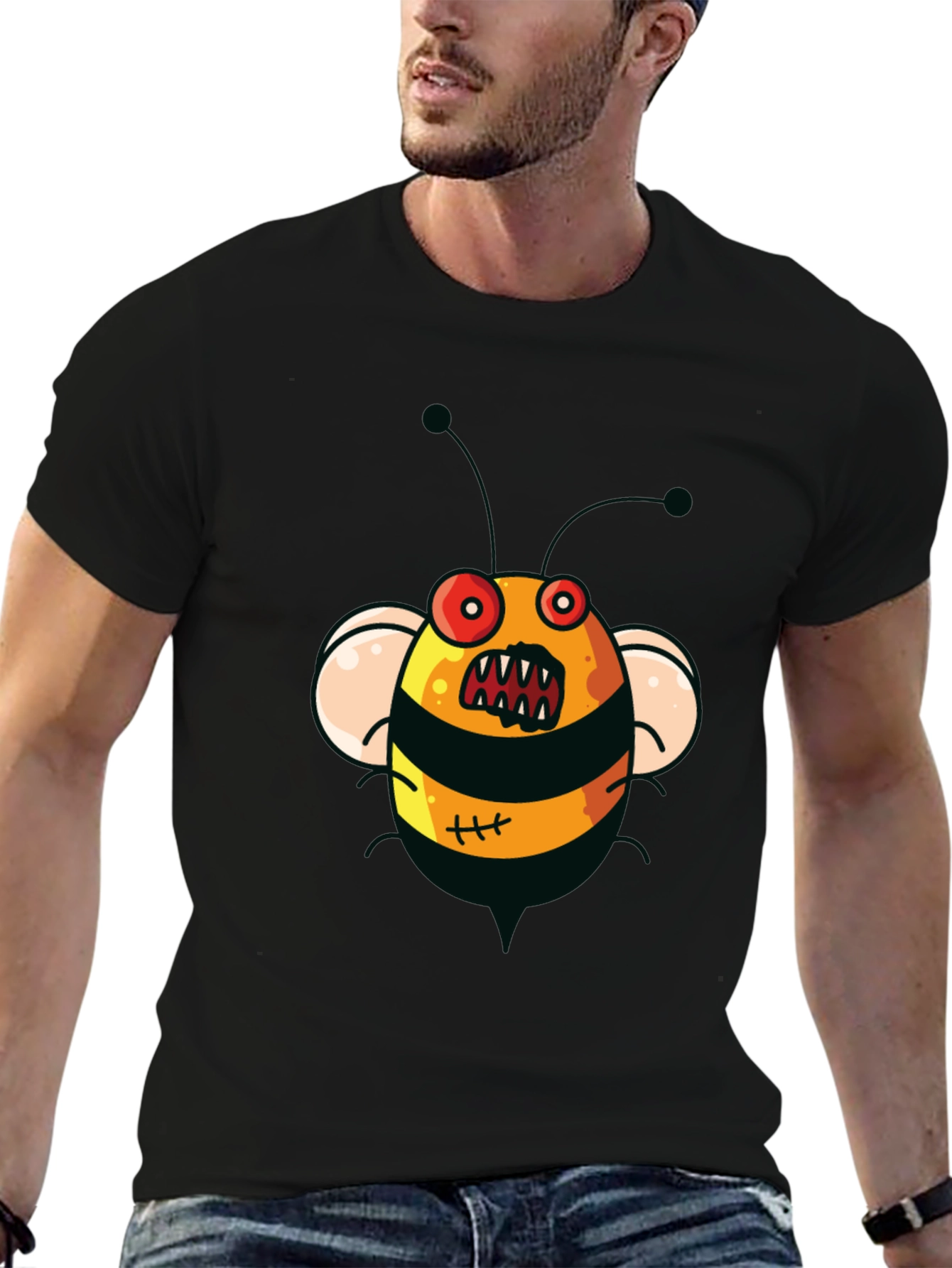 Mens Black T-Shirt with Cartoon Angry Bee Print