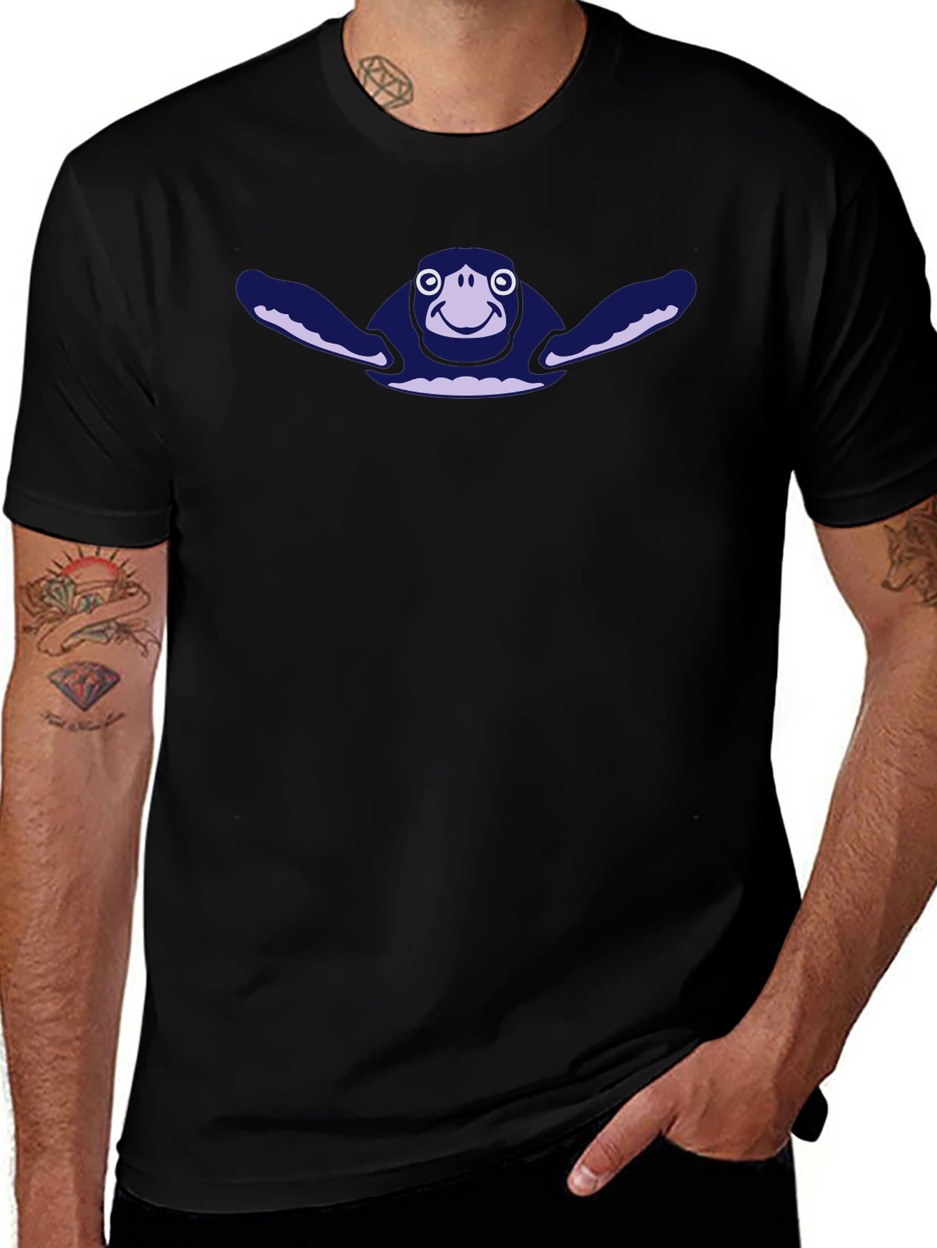 Mens Black T-Shirt with Cartoon Turtle Graphic