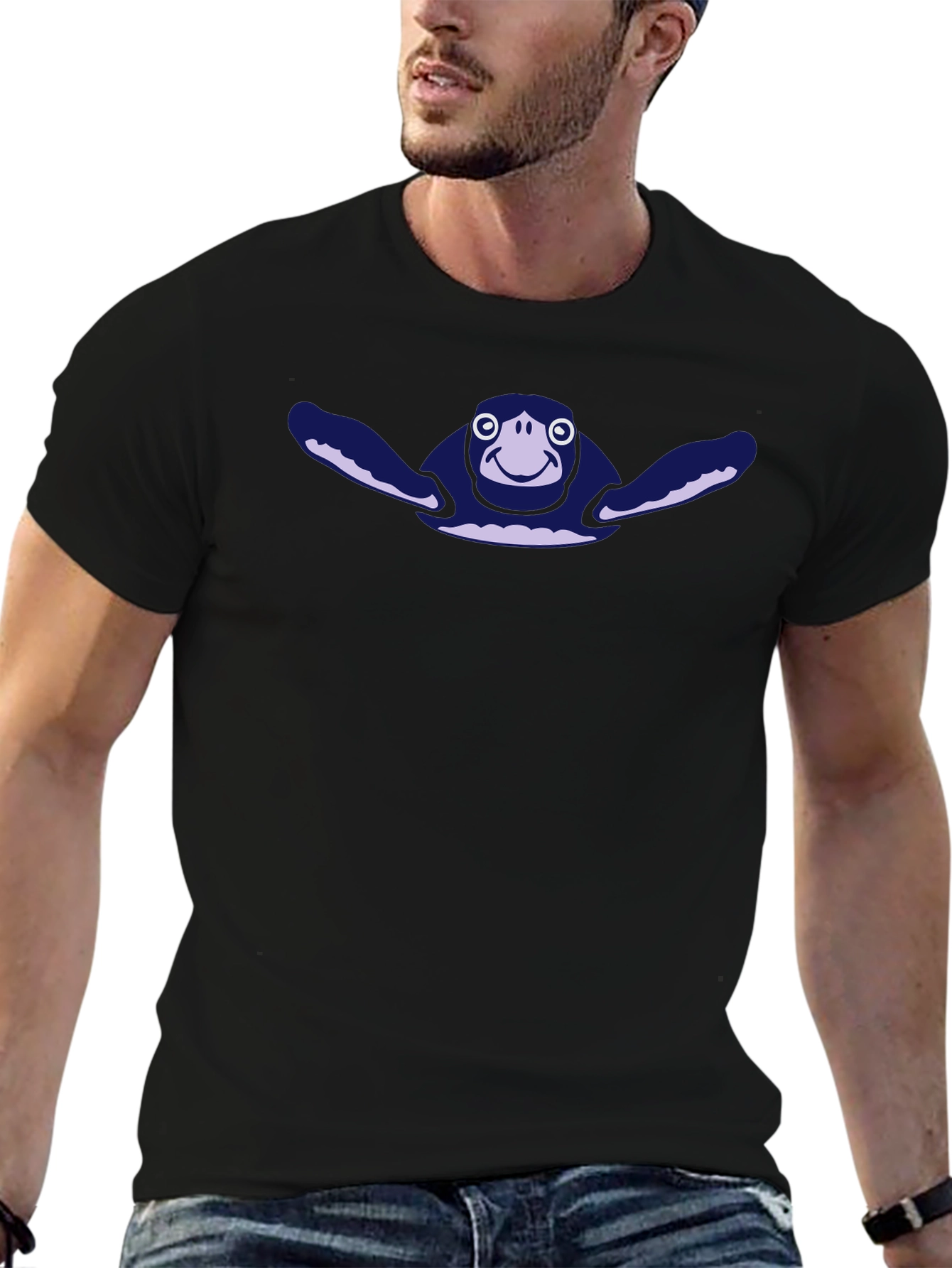 Mens Black T-Shirt with Cartoon Turtle Graphic
