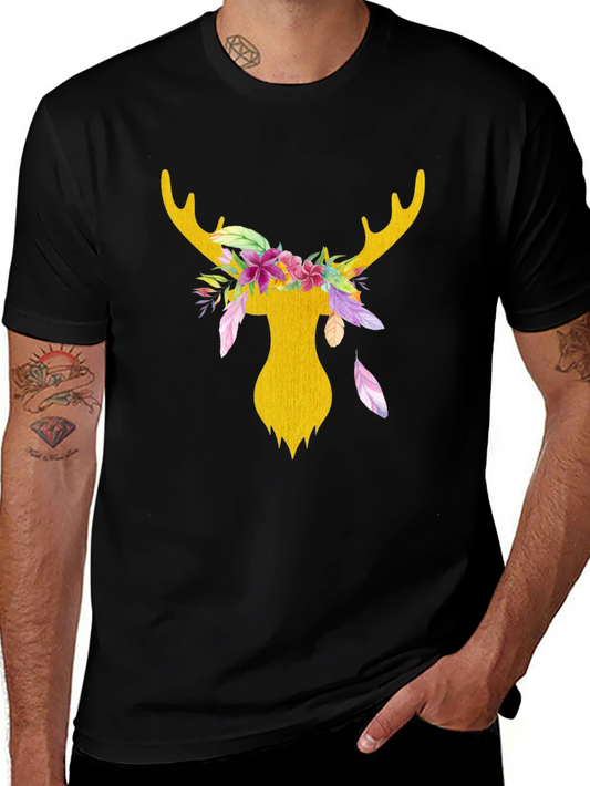 Floral Deer Head Graphic Tee - Black