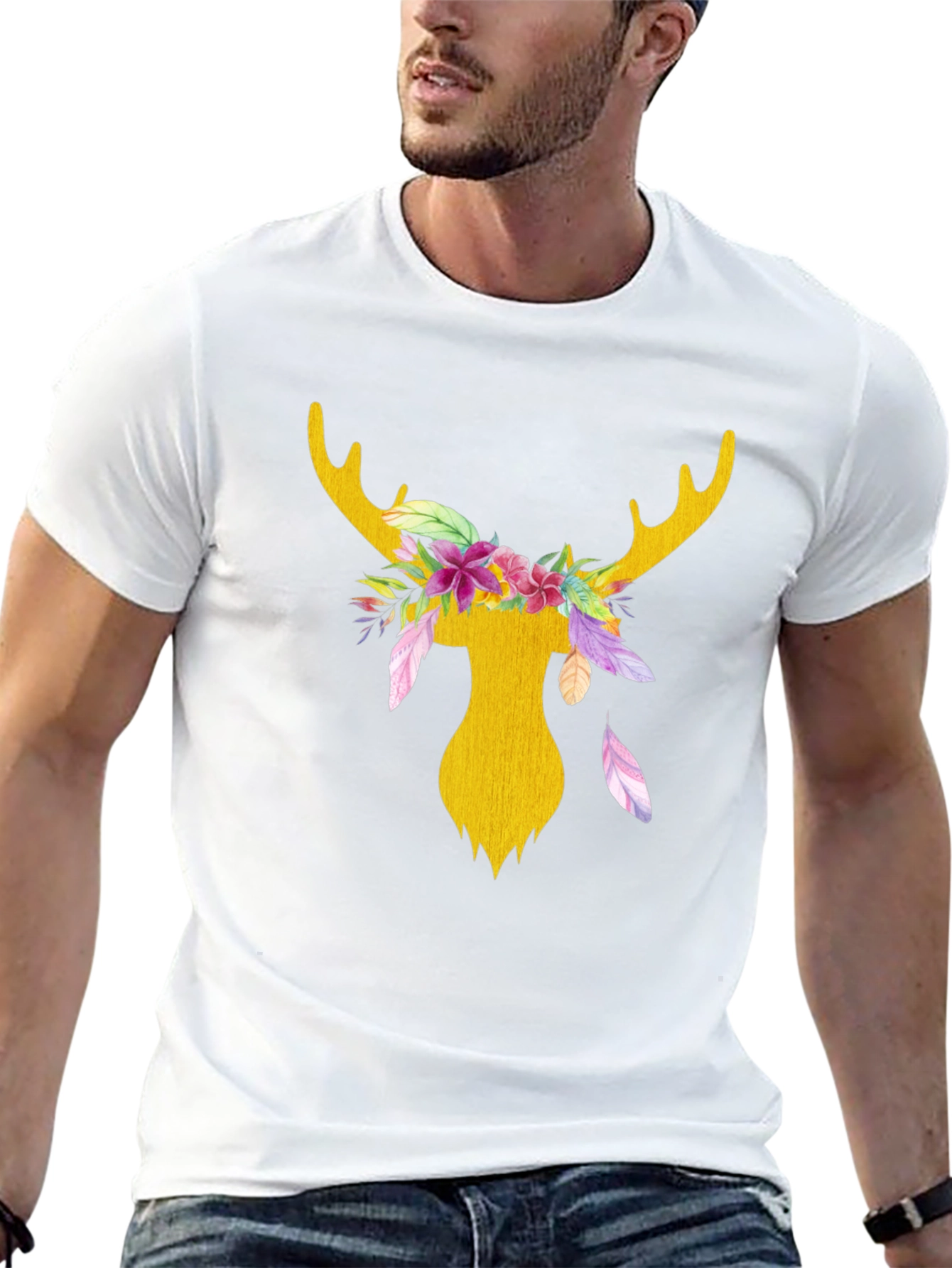 Floral Deer Head Graphic Tee - Black