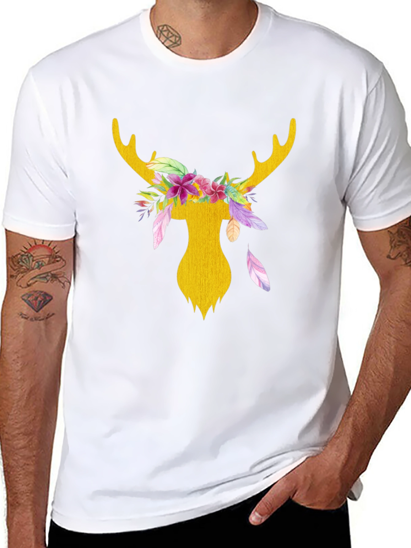 Floral Deer Head Graphic Tee - Black