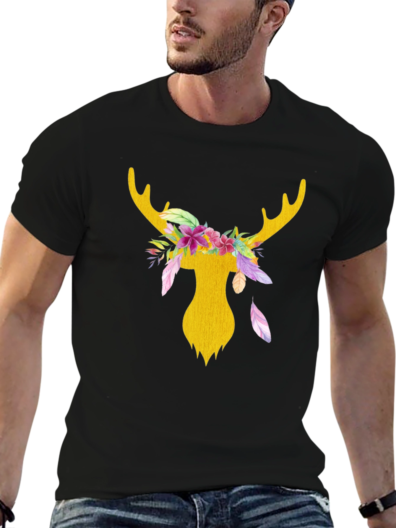 Floral Deer Head Graphic Tee - Black