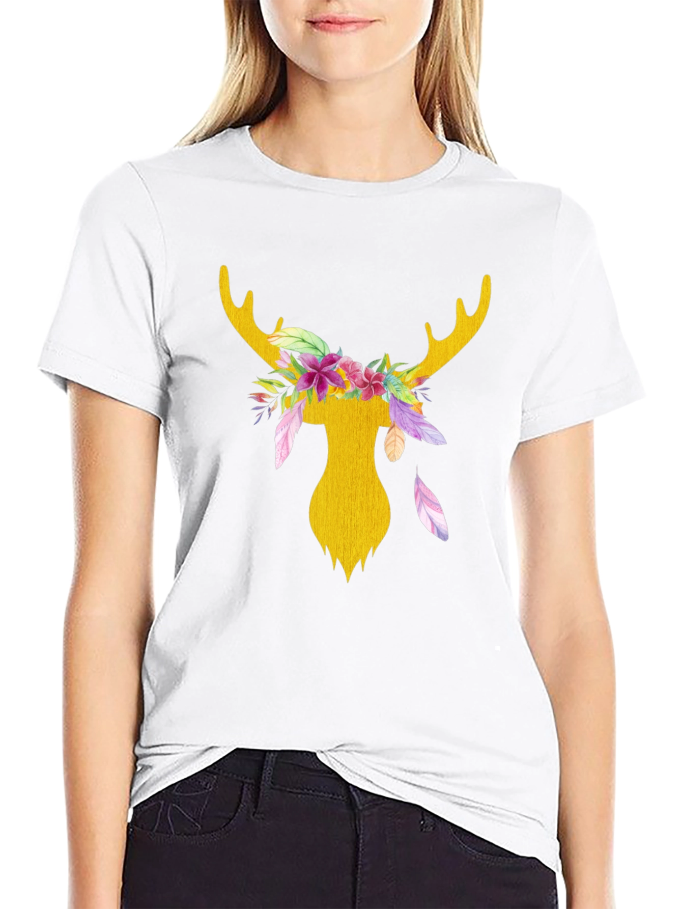 Floral Deer Head Graphic Tee - Black