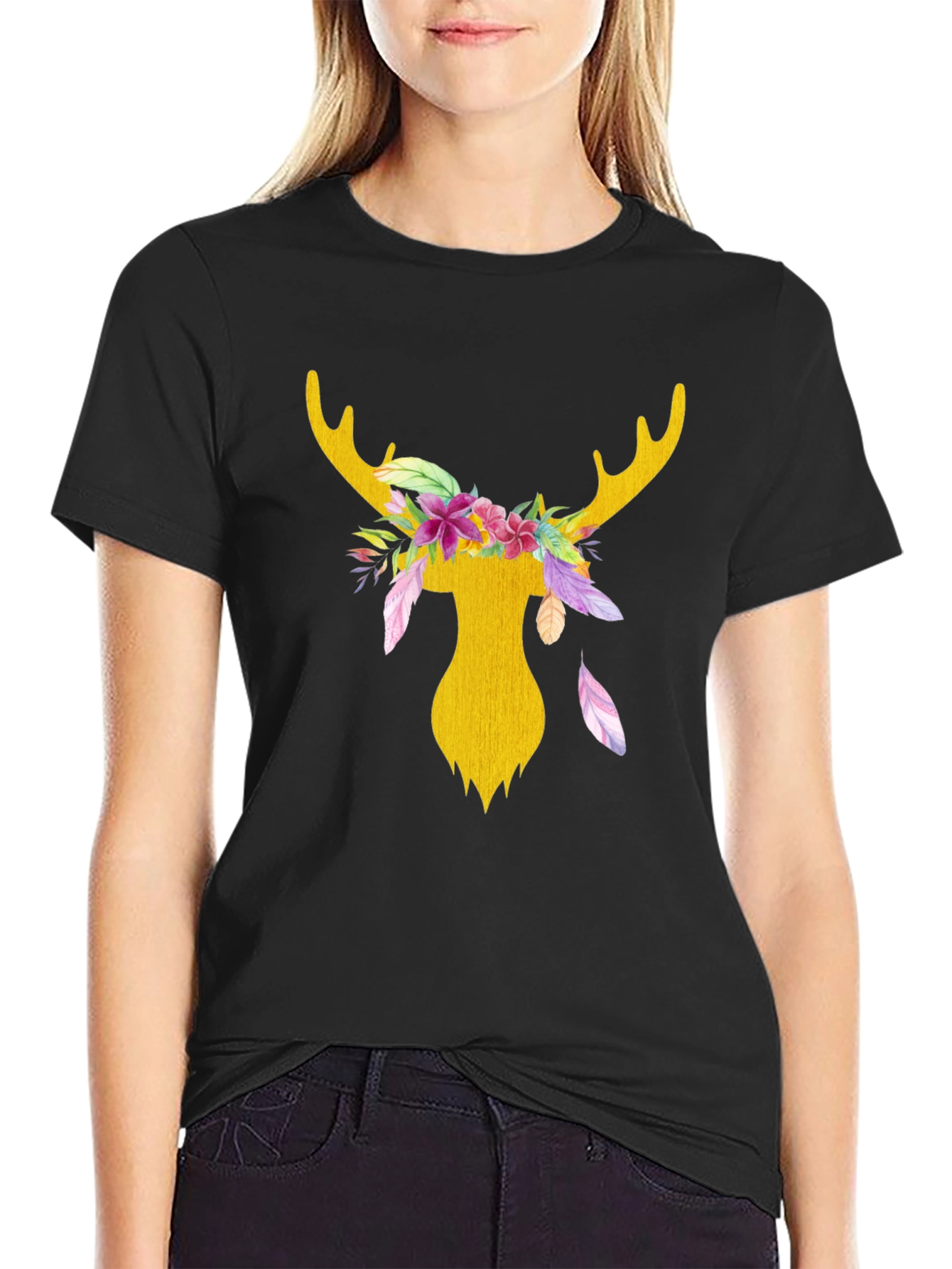 Floral Deer Head Graphic Tee - Black