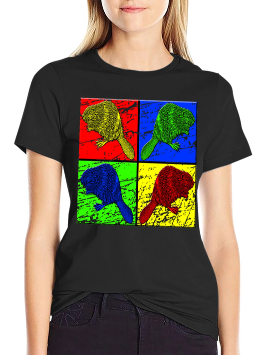 Pop Art Beaver Graphic Print Crew Neck T-Shirt