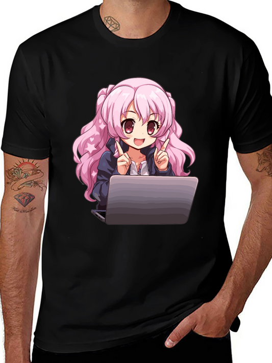 Anime Girl with Laptop Graphic Tee - Black Cotton T-Shirt