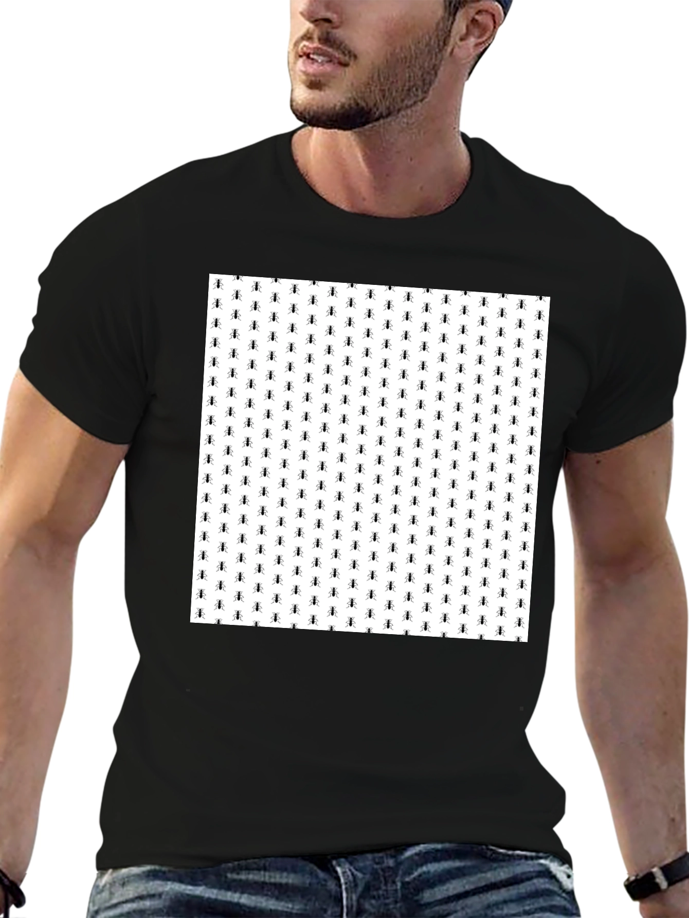 Ant Pattern Tee - Black Cotton Casual T-Shirt