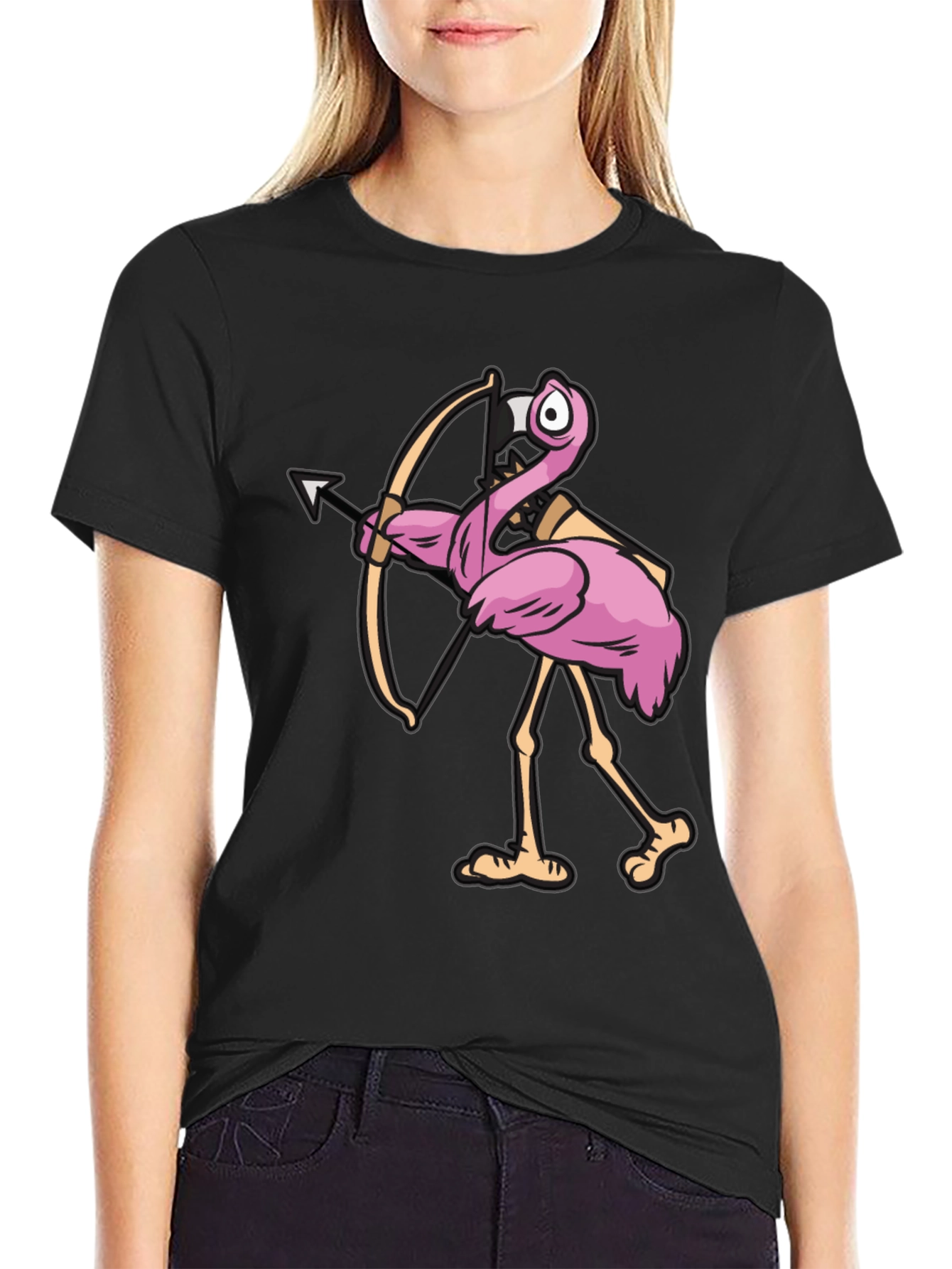 Cupid Flamingo Graphic Tee - Black Cotton T-Shirt