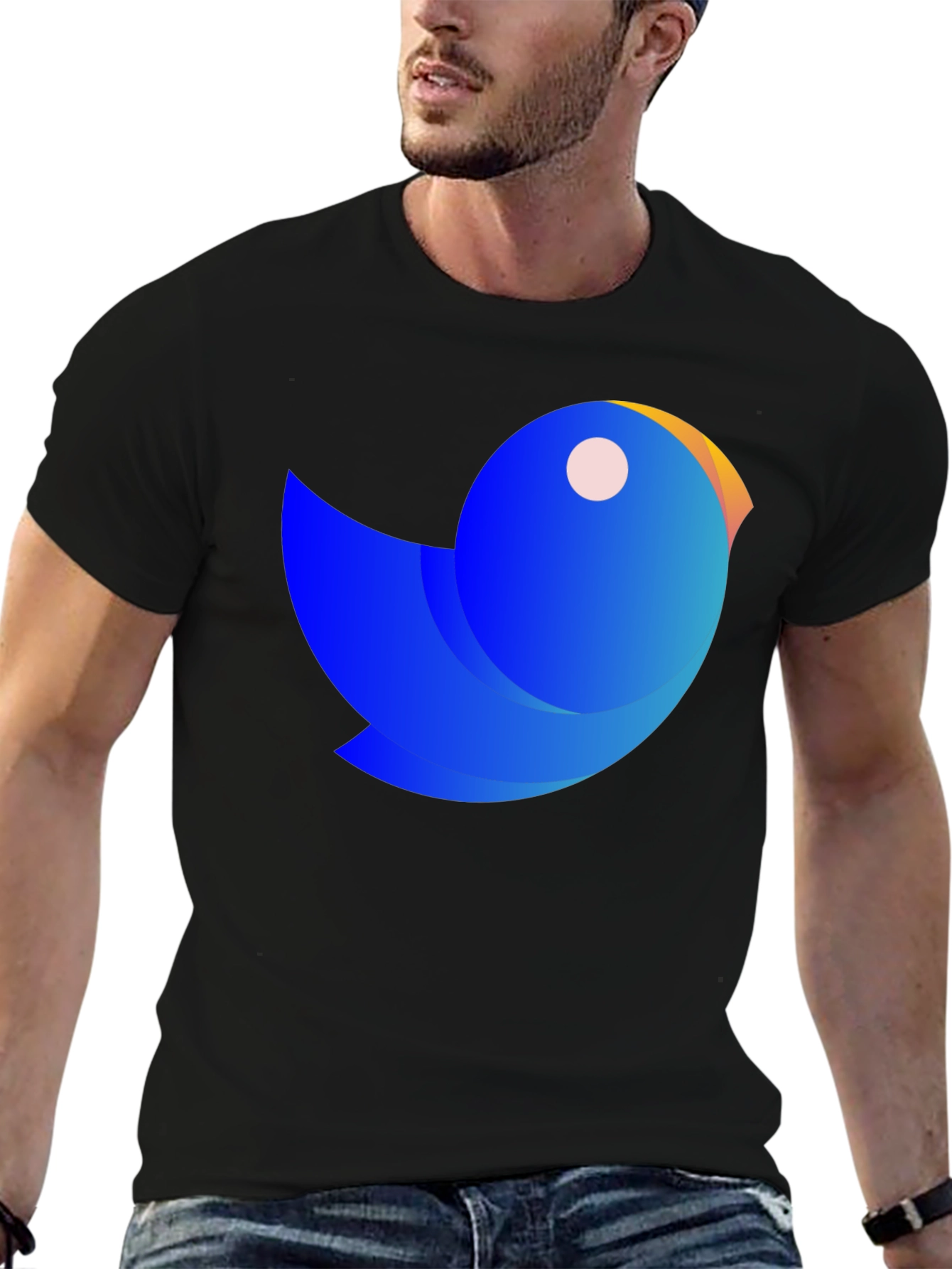 Abstract Blue Bird Graphic Tee - Casual Black T-Shirt