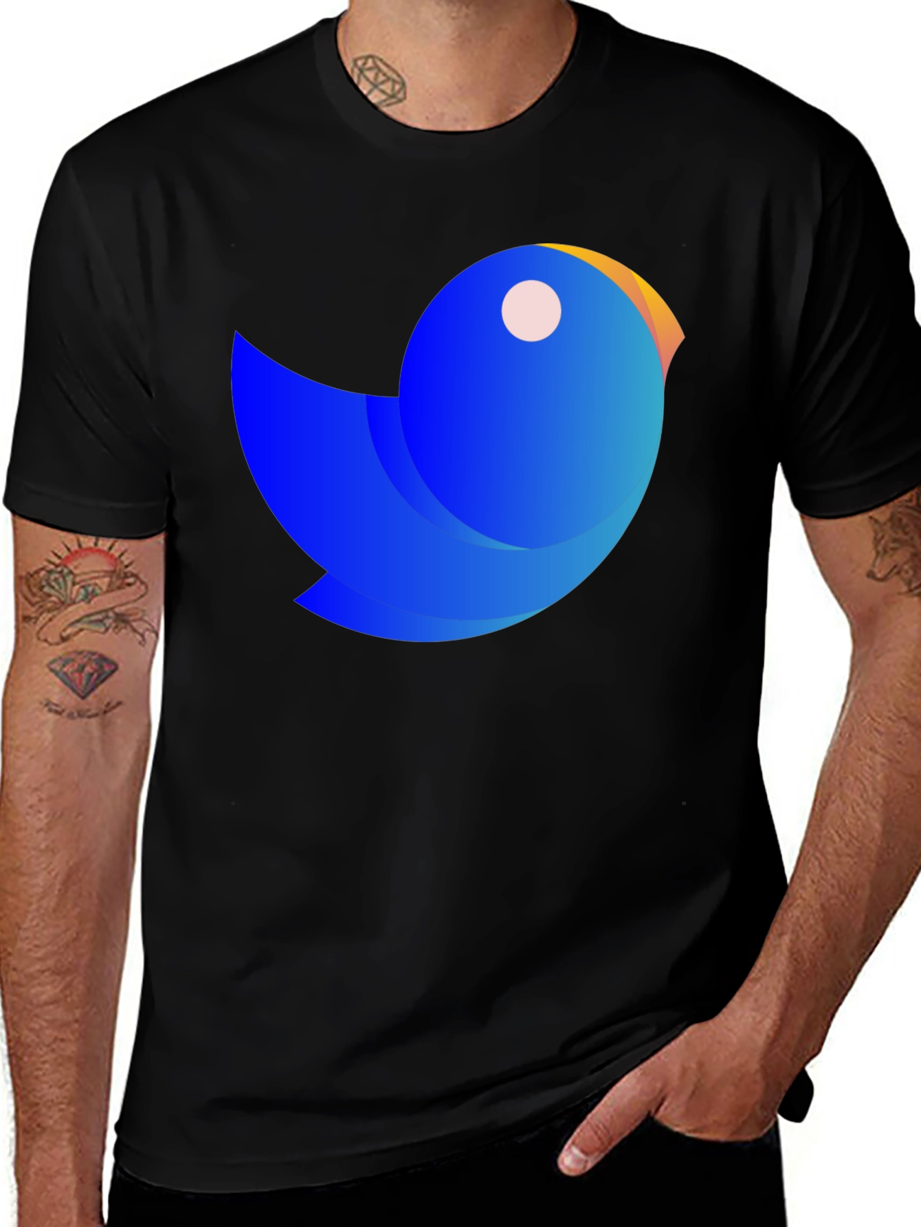 Abstract Blue Bird Graphic Tee - Casual Black T-Shirt