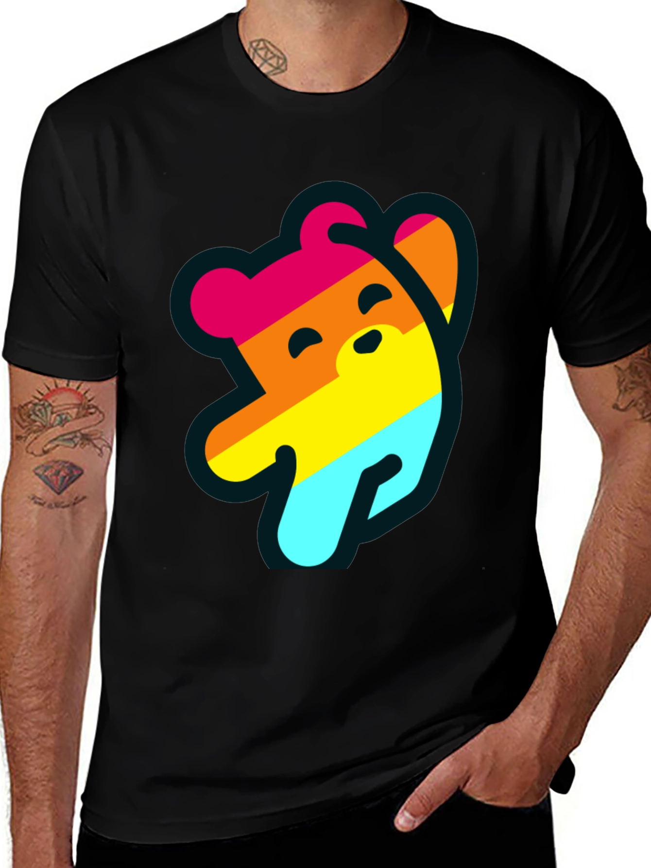 Rainbow Bear Graphic Tee - Casual Black T-Shirt