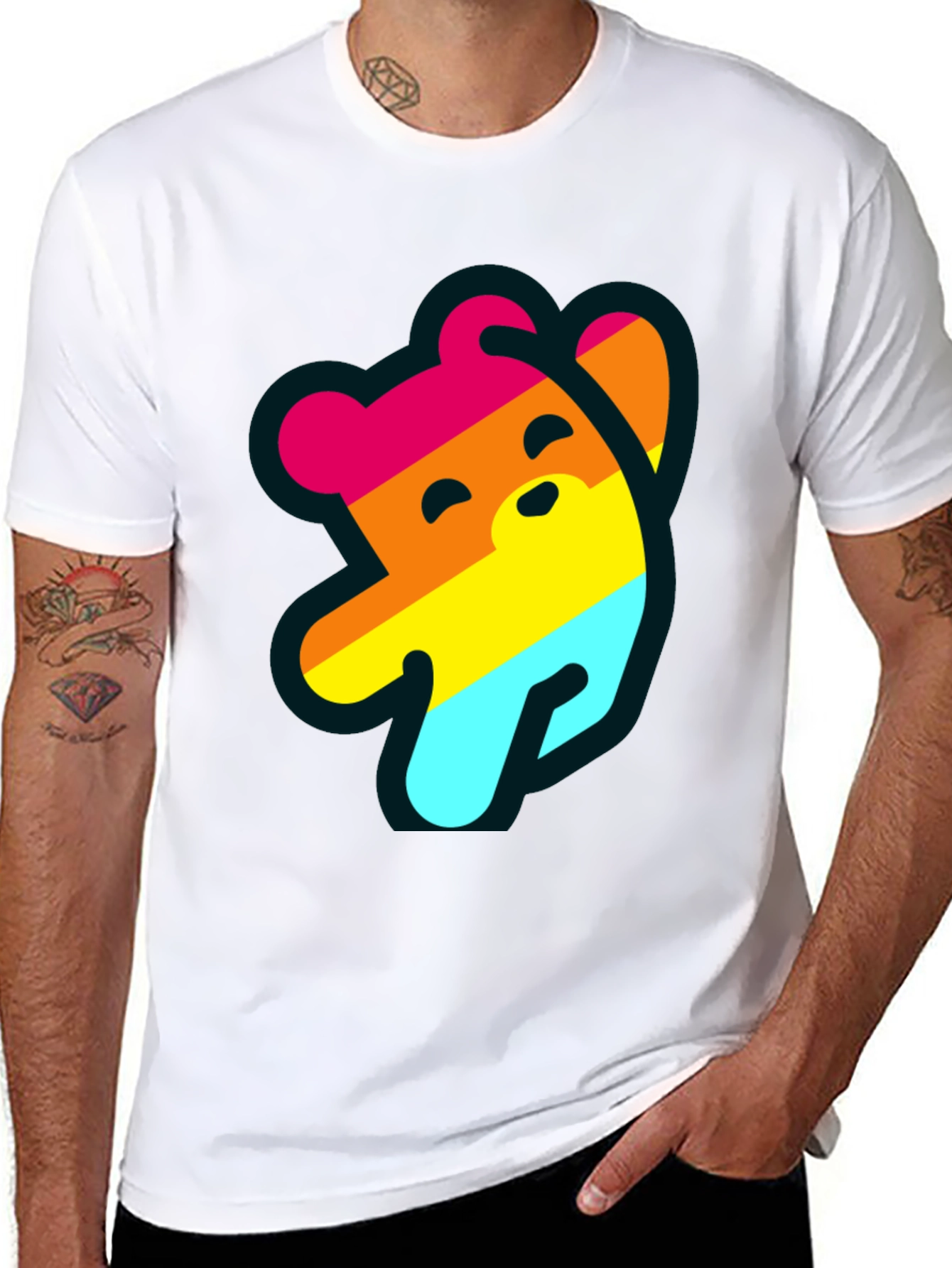 Rainbow Bear Graphic Tee - Casual Black T-Shirt